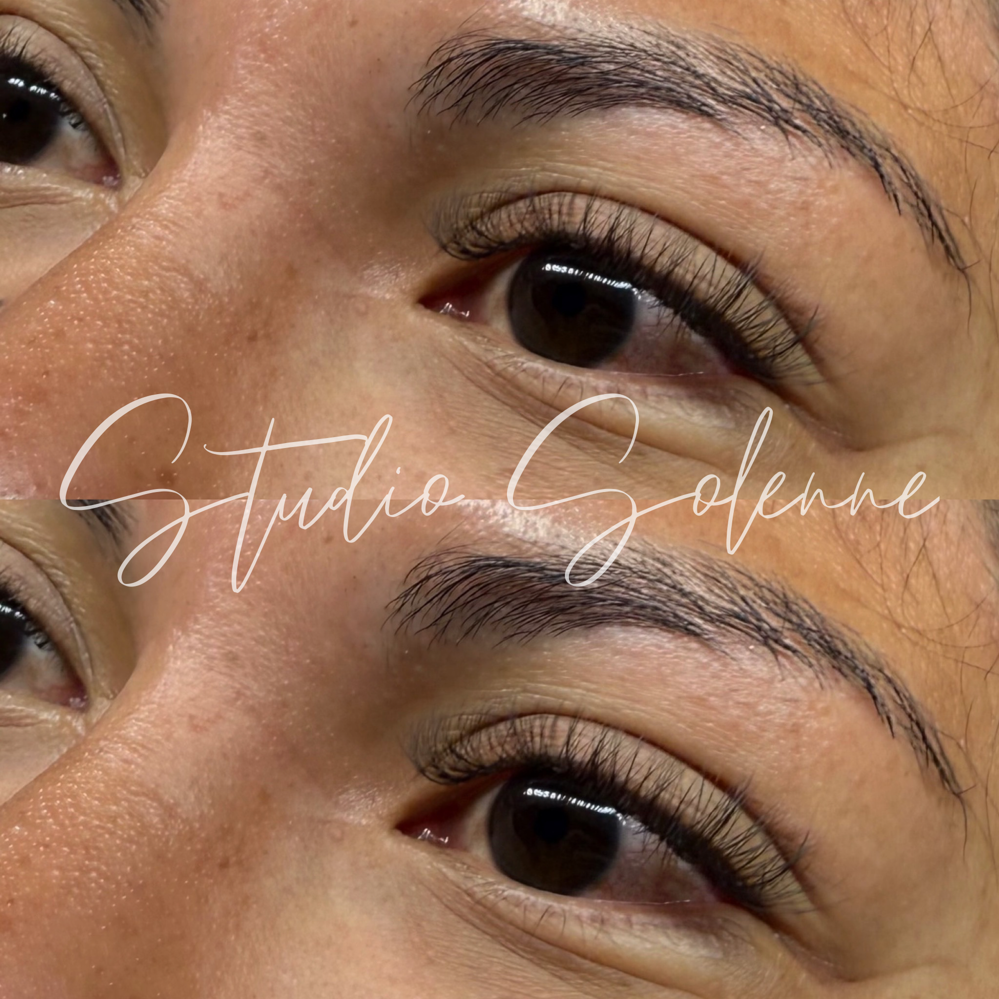 Close-up of an eye, showing detailed skin, eyelashes, and eyebrow, with a watermark reading 'Studio Solenne' over the image.