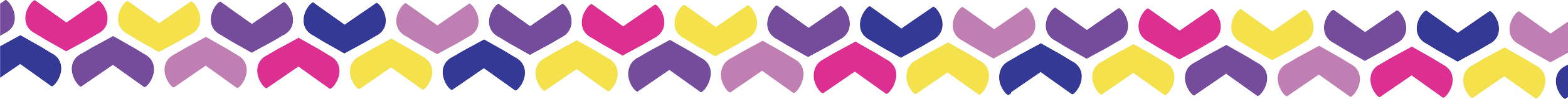 Colorful pattern of overlapping chevron shapes in pink, yellow, purple, and blue on a black background.