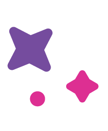 Three colorful star-shaped and circular objects in purple, pink, and magenta on a white background.