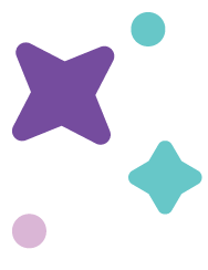 Four colorful star and circle shapes on a white background, including two purple stars, a teal star, a light blue circle, a purple circle, and a light blue circle.