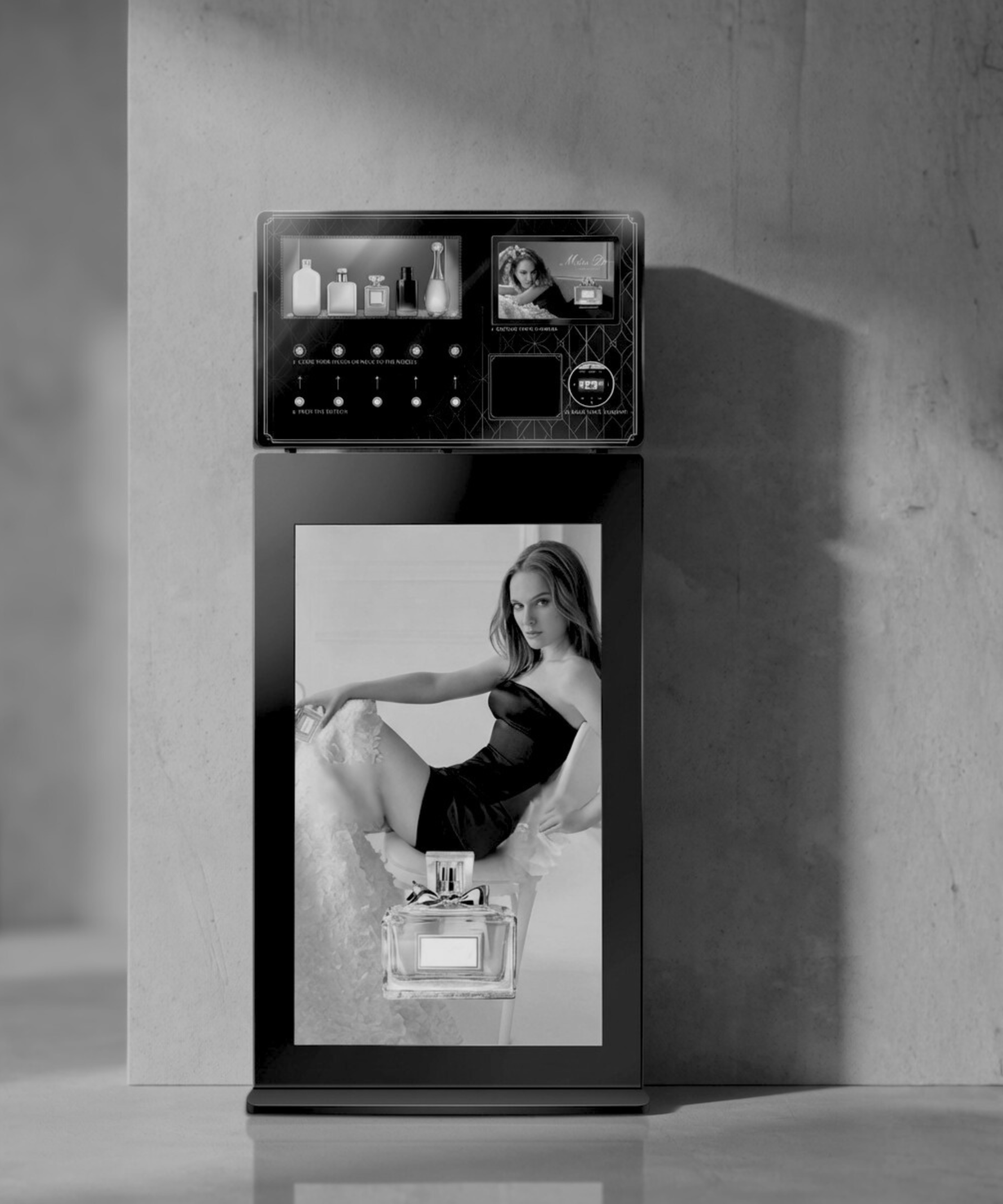 A vending machine with a large digital screen displaying a woman in a lingerie outfit, holding a perfume bottle, with a perfume display on the top portion.