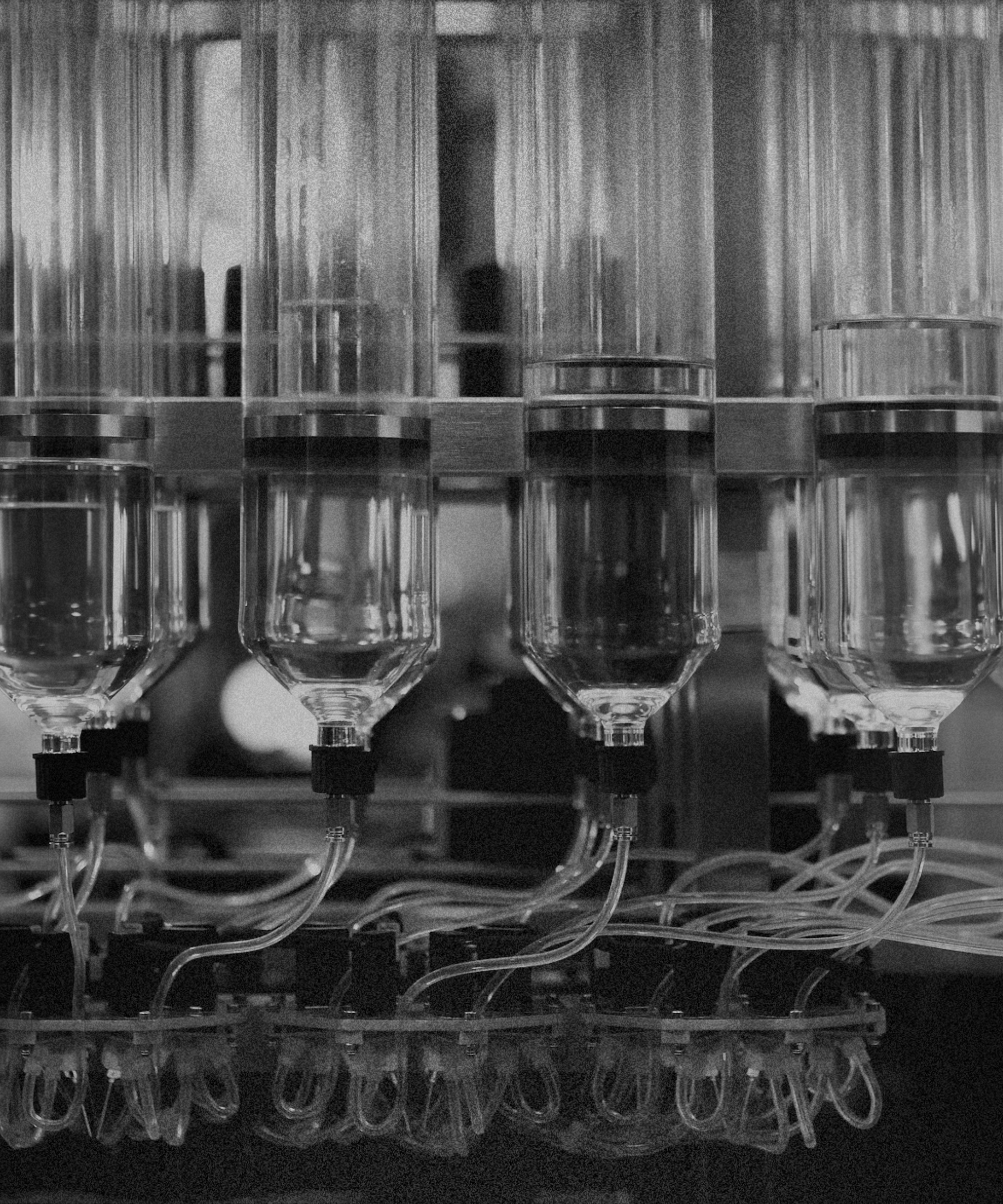 Close-up of a row of six glass containers connected to a lab apparatus with tubing and wiring, possibly used for scientific experiments or chemical reactions.