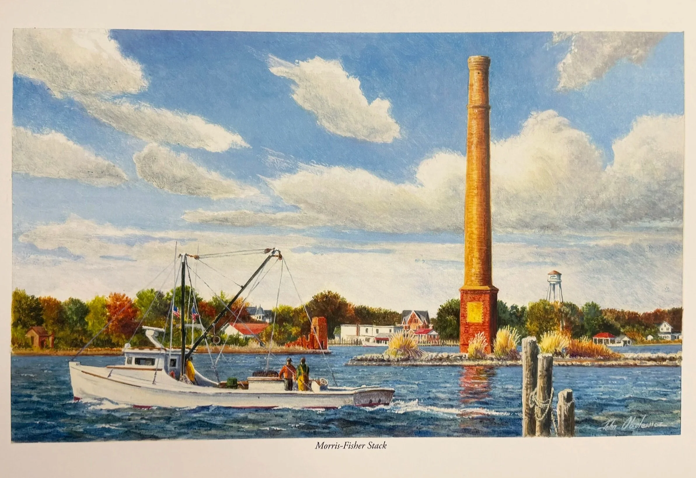 A painting of a harbor scene with sailboats, a brick smokestack, houses along the shoreline, trees with fall foliage, and a blue sky with clouds. The caption reads 'Morris-Fisher Stack'.
