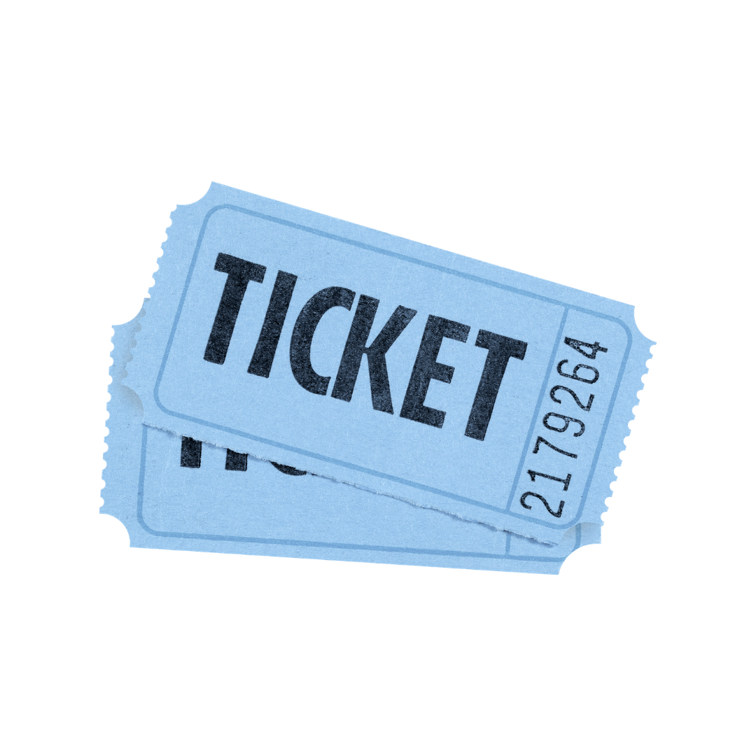 Two blue movie tickets with the word "TICKET" printed on each in bold black letters.