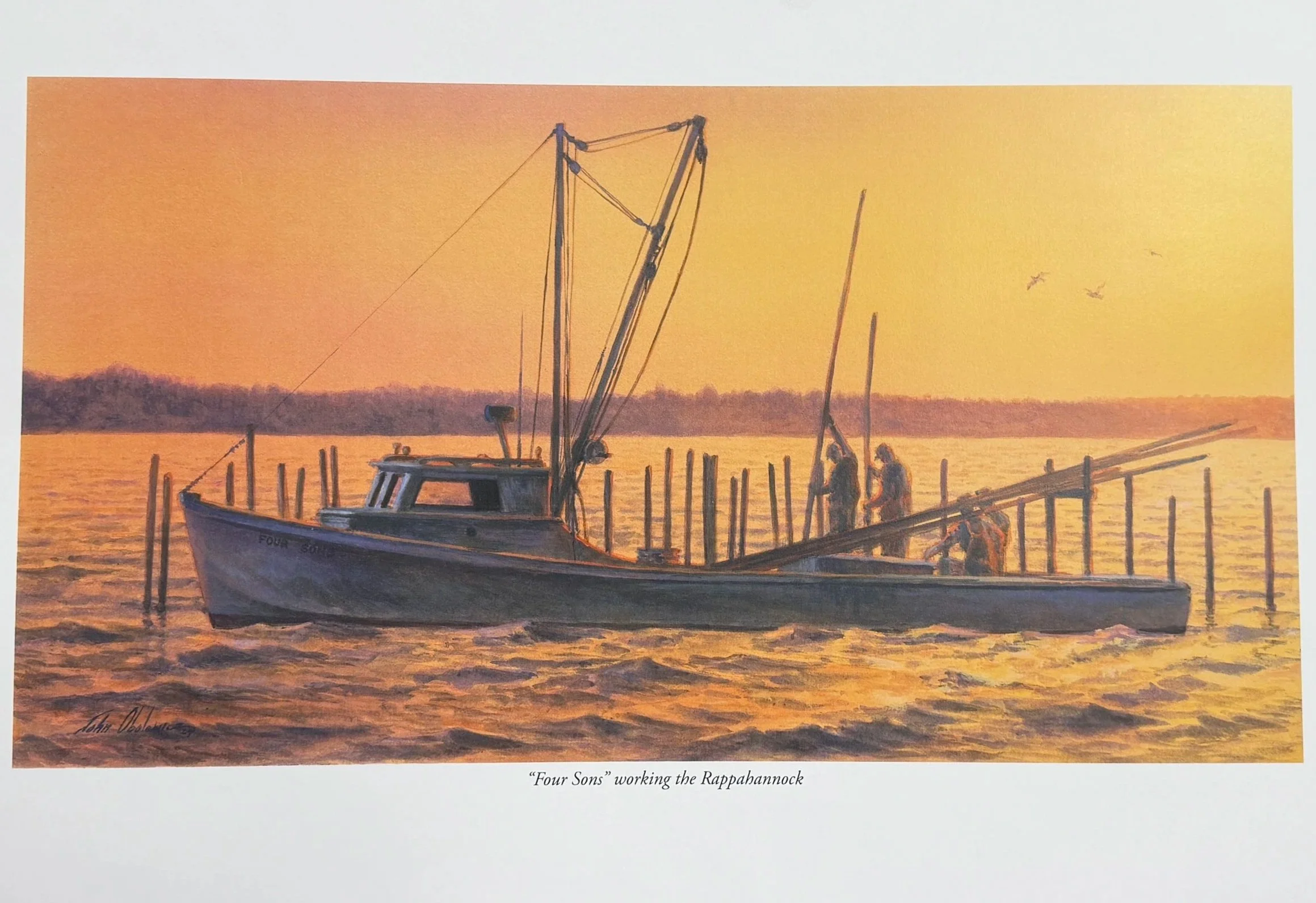 Painting of a boat named Four Sons working on a dock at sunset with pink and orange sky and birds flying.