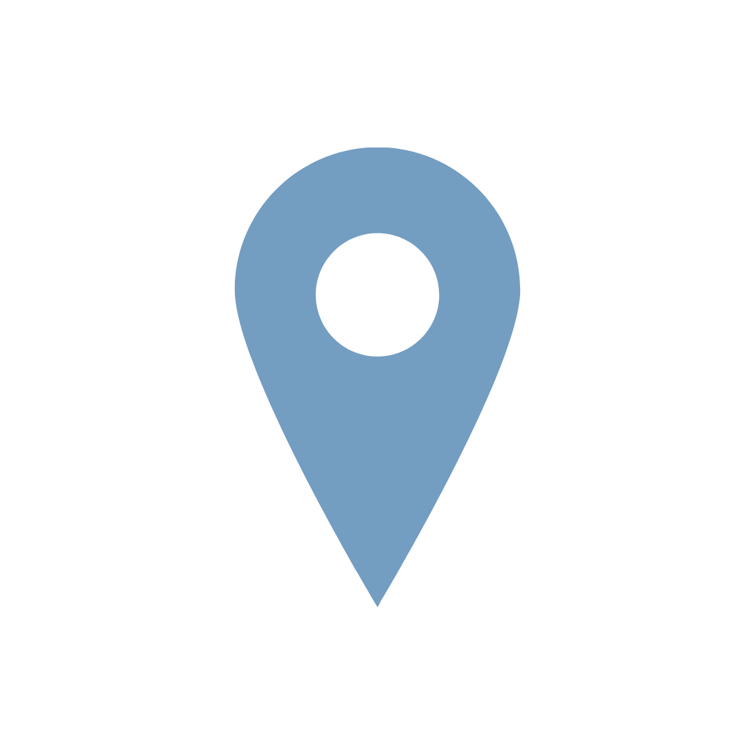 Map marker icon with a blue pin shape and a black hollow circle in the center, on a white background.