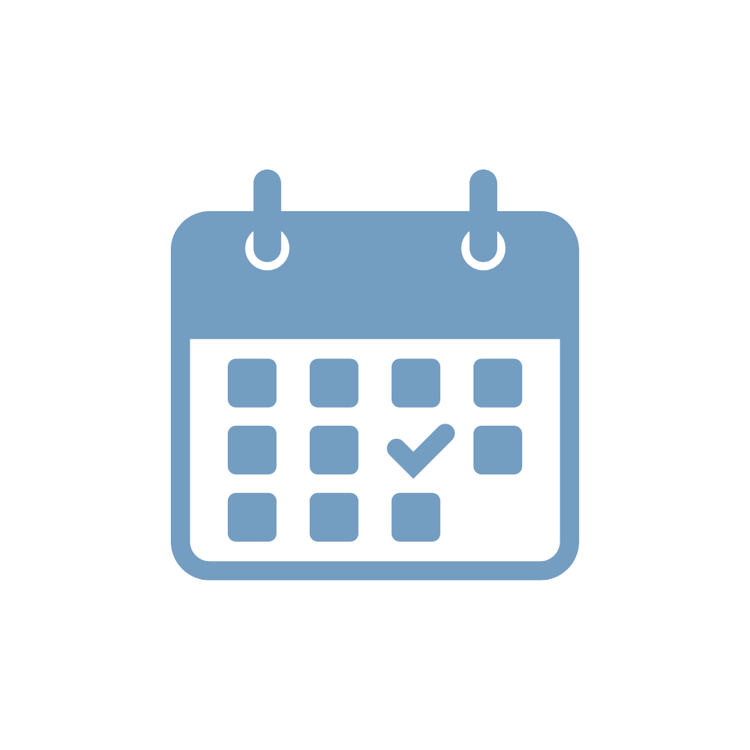 Blue calendar icon with a check mark on one date.
