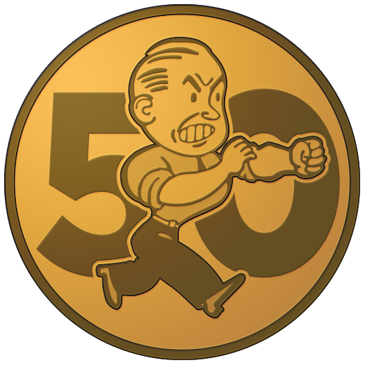 Illustration of a man running and holding a ponytail, on a coin with the number 50 in the background.