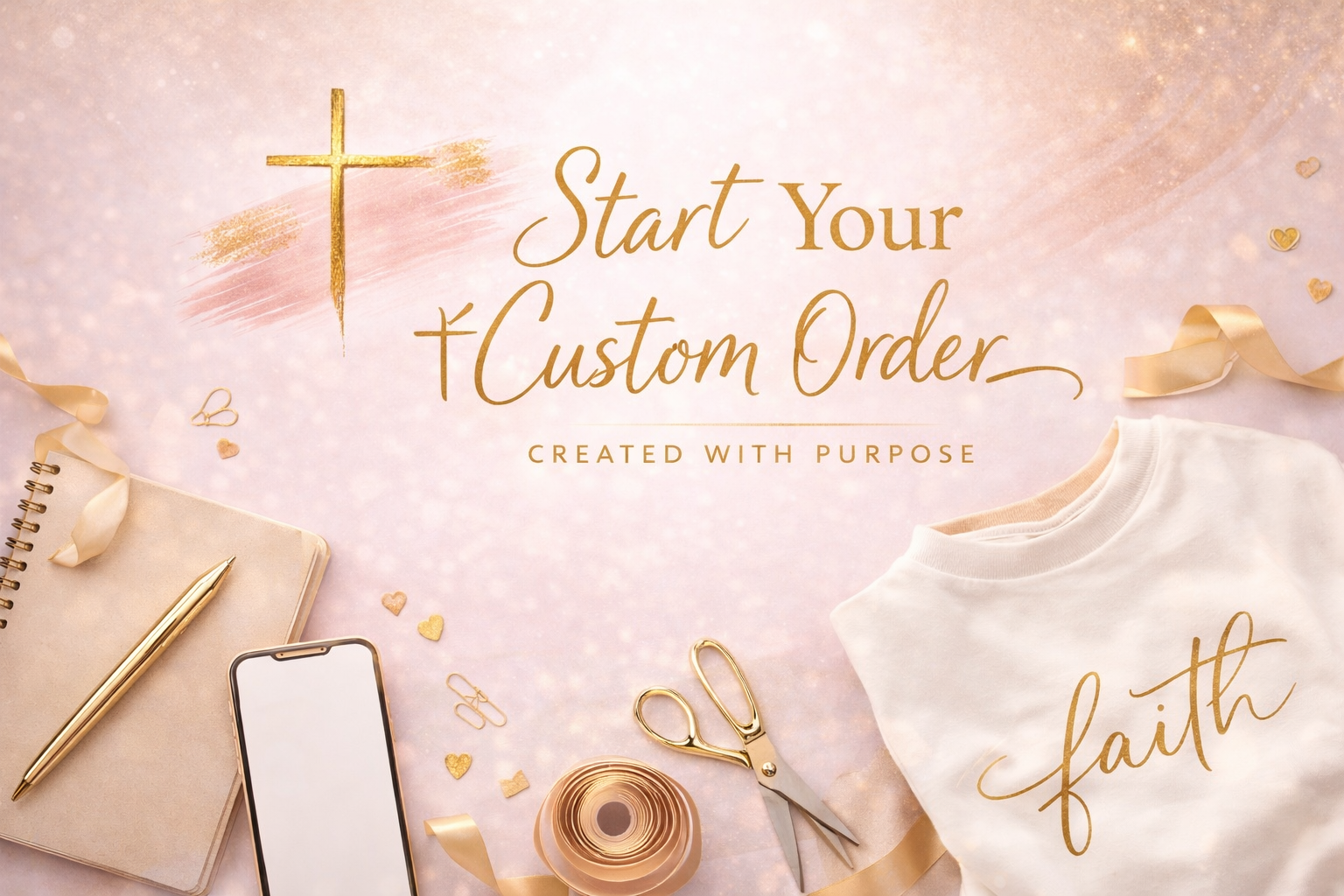 Pink and gold promotional graphic with a cross and the text 'Start Your Custom Order' and 'Created with Purpose'. The image features a notebook, gold pen, smartphone, pair of scissors, ribbon, a white t-shirt with the word 'faith' written on it, and small decorative gold and pink hearts and hearts.