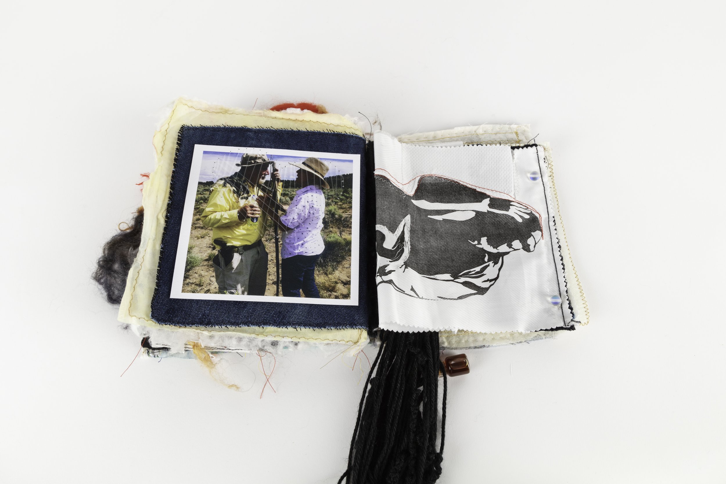 Inkjet prints college with Father silhouette Lino print attached with hand stitch work