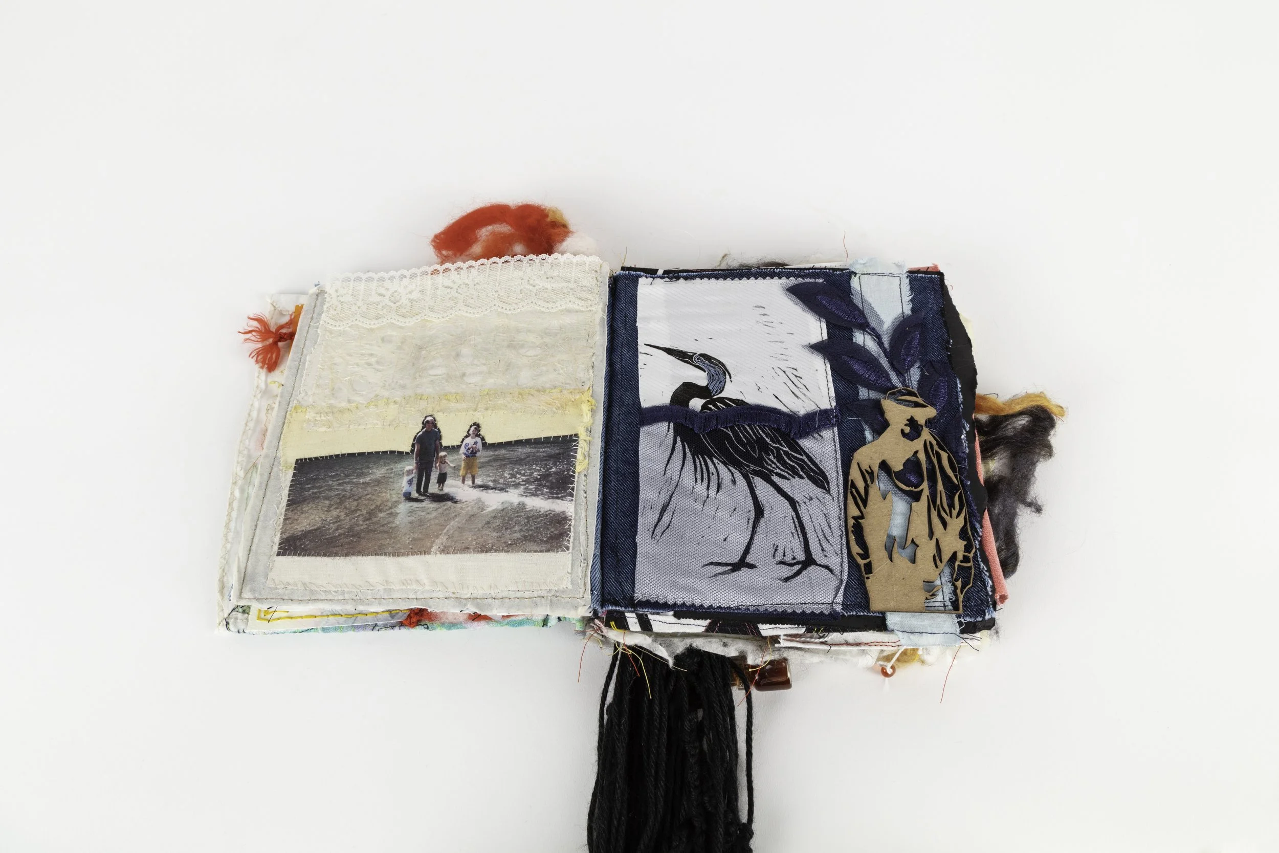 Laser print, felt work, Heron Lino print paper college attached with hand stitch work