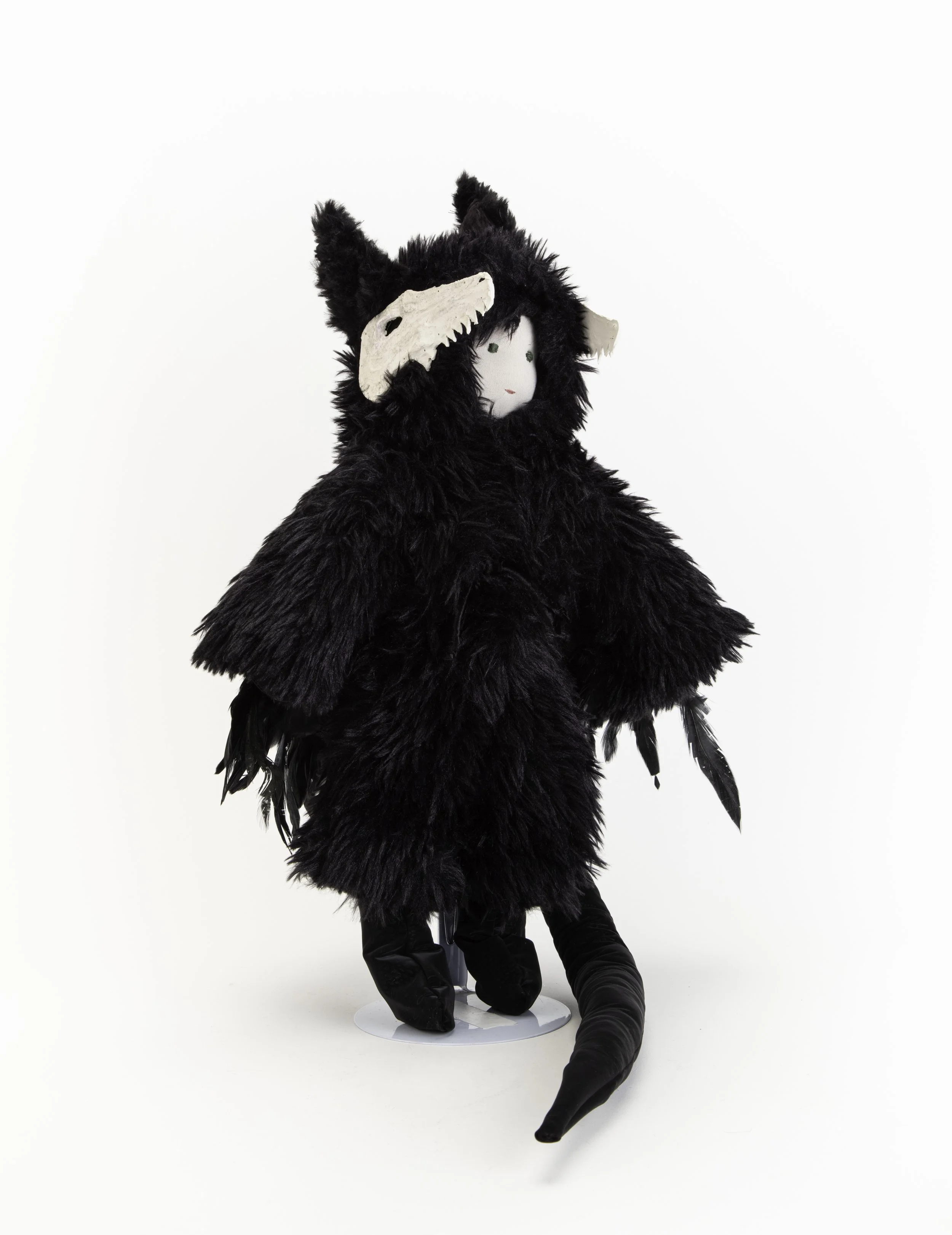 Handmade Cotton 16" Doll form, Synthetic Black Fur Hooded Jacket, Iridescent  Feather Cloak, Synthetic Scale tail attachment
