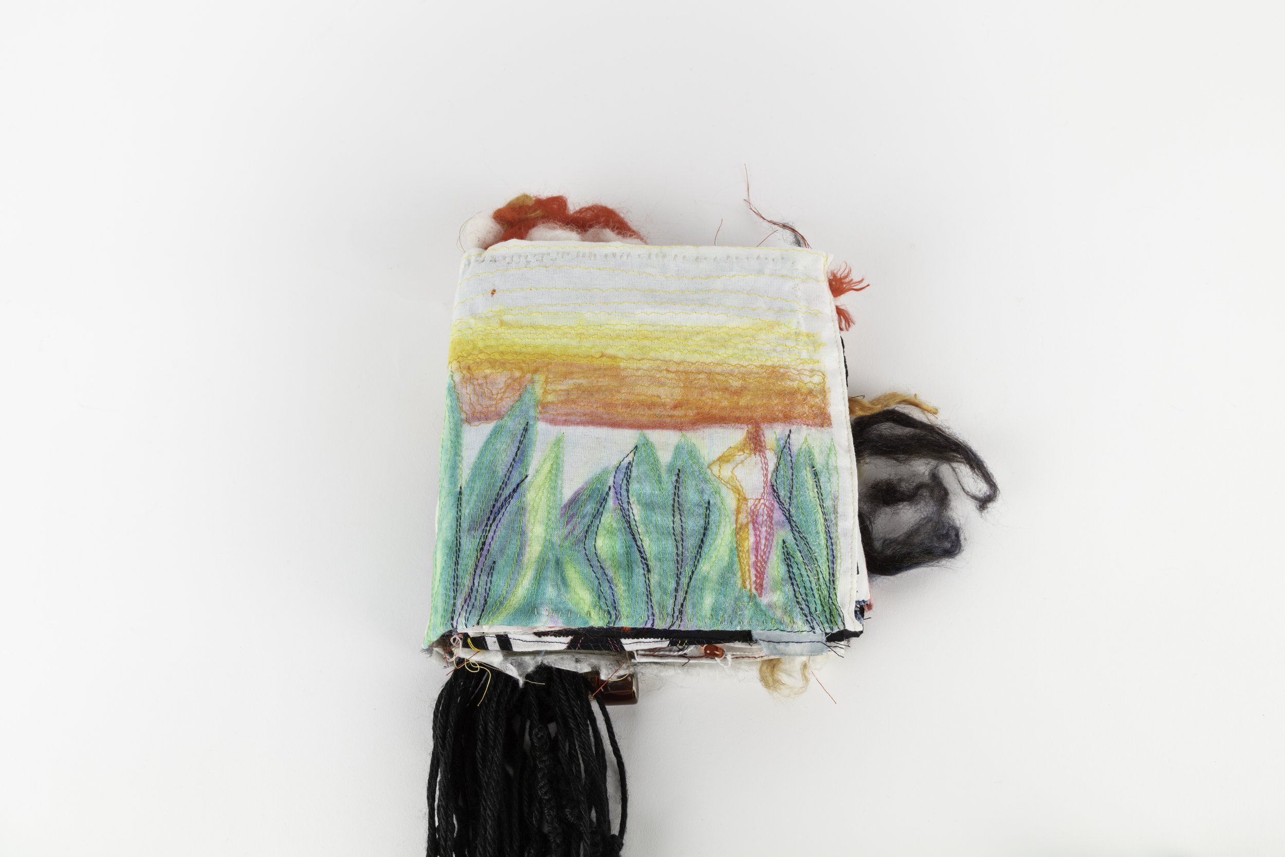 Mono-print with top stitch work cover of sunrise on plant and human figure, the fabric journal