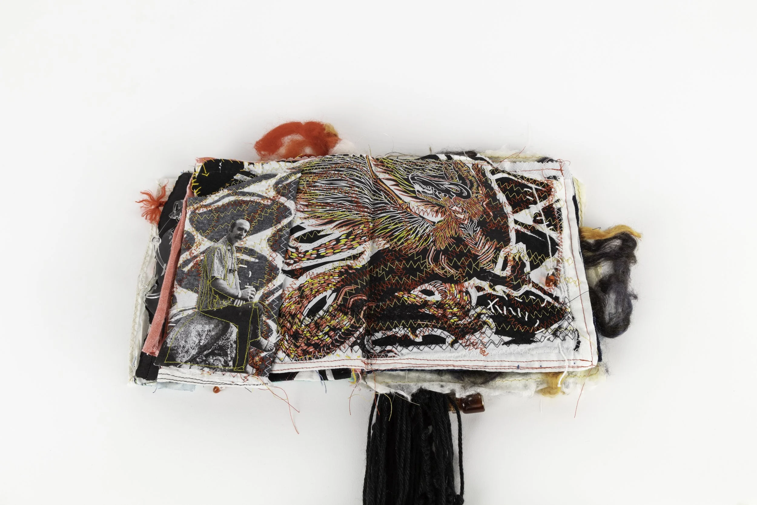 Screen print scale background, Inkjet prints college with Grief Creature Lino print attached with hand stitch work