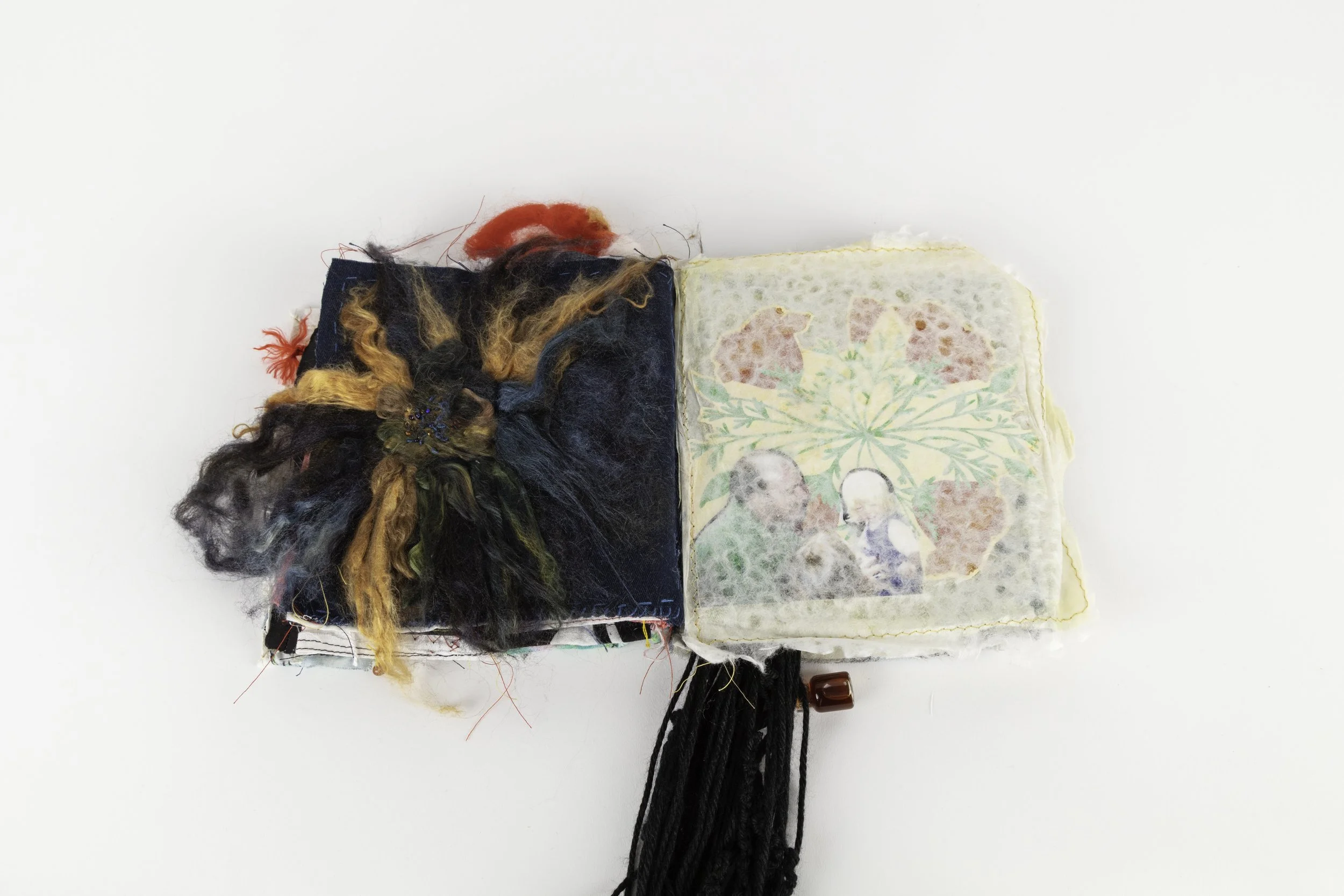 Water color, Laser print, felt work, found fiber paper college attached with hand stitch work