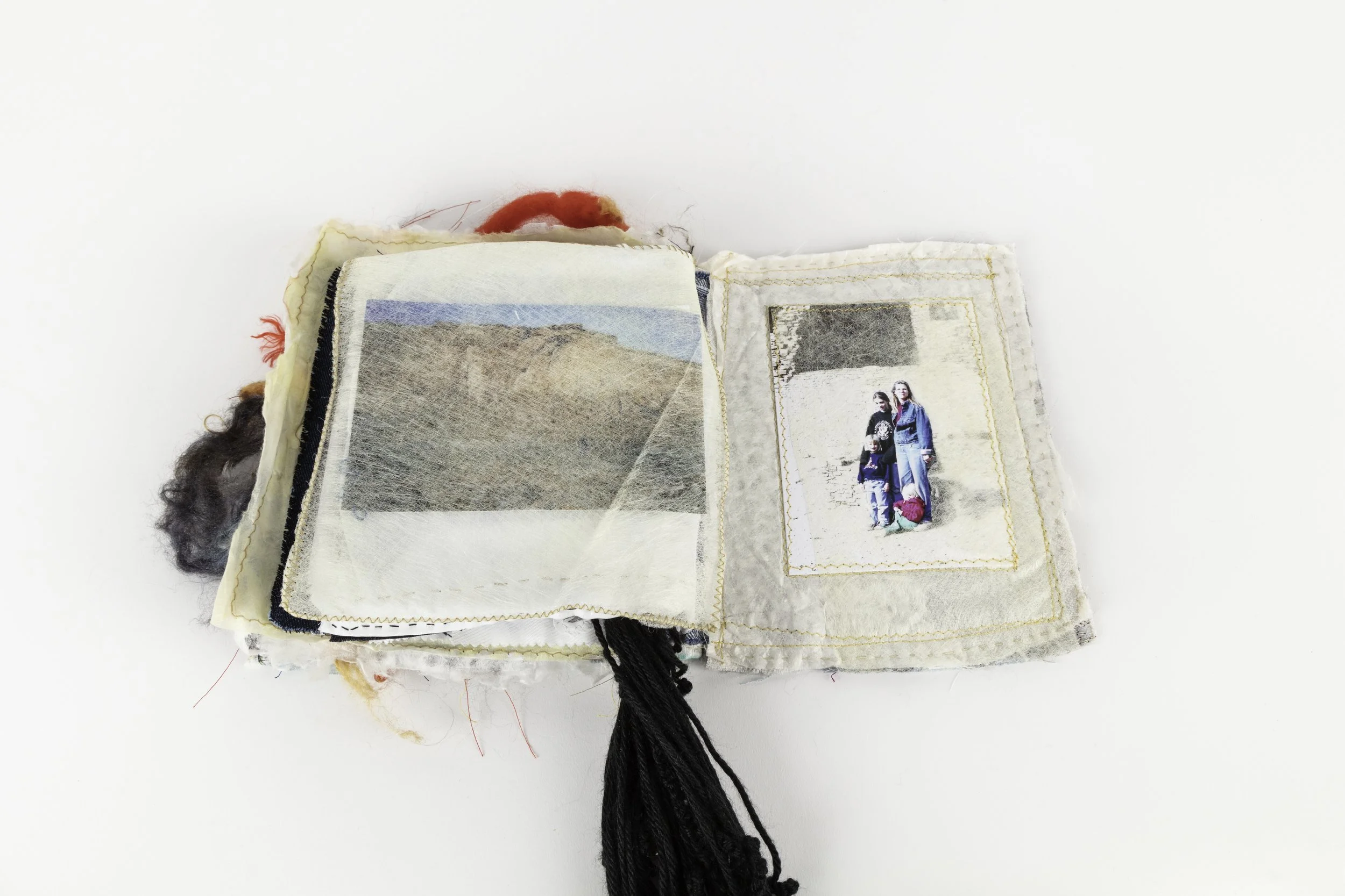 Inkjet prints college with  found fiber papers attached with hand stitch work