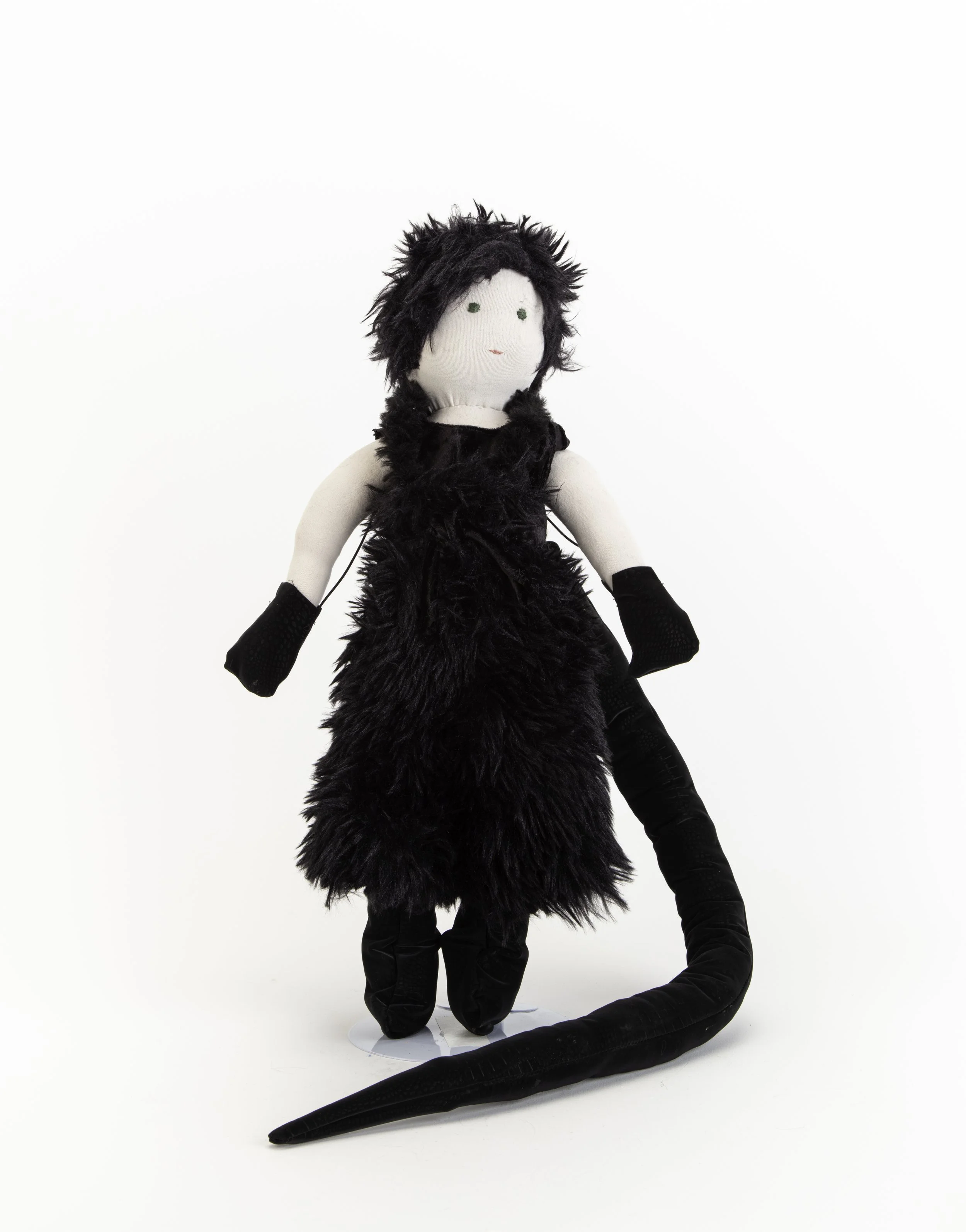 Handmade Cotton Doll form, Synthetic Black Fur overalls, Synthetic Scale gloves, boos and tail attachment