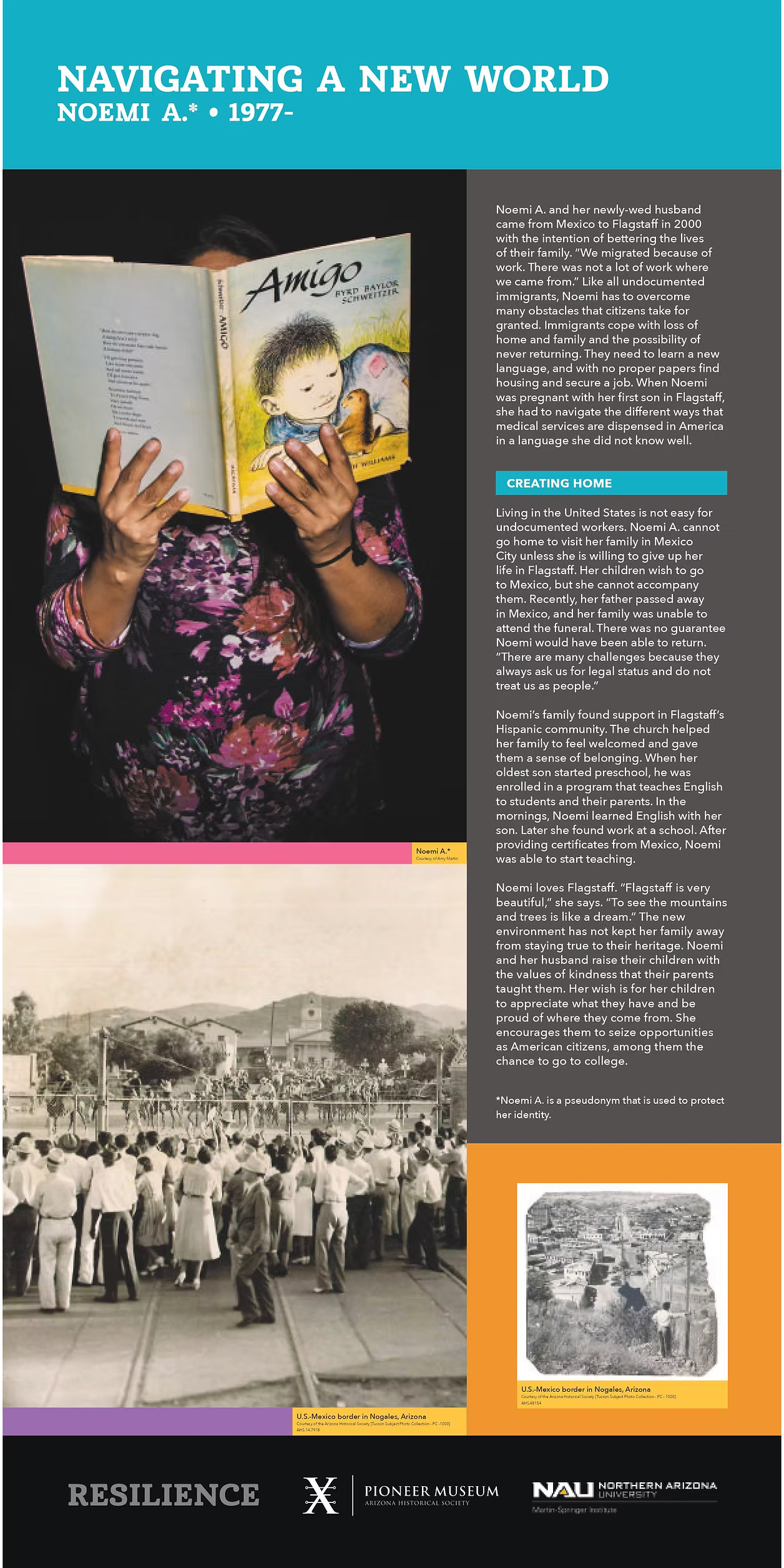 Navigating a New World: noemi A 1977- pictuerd holding a children's picture book inf ront if her face, roughly 2019, picture of Nogales Arizona Mexico border from late 20th century and from today