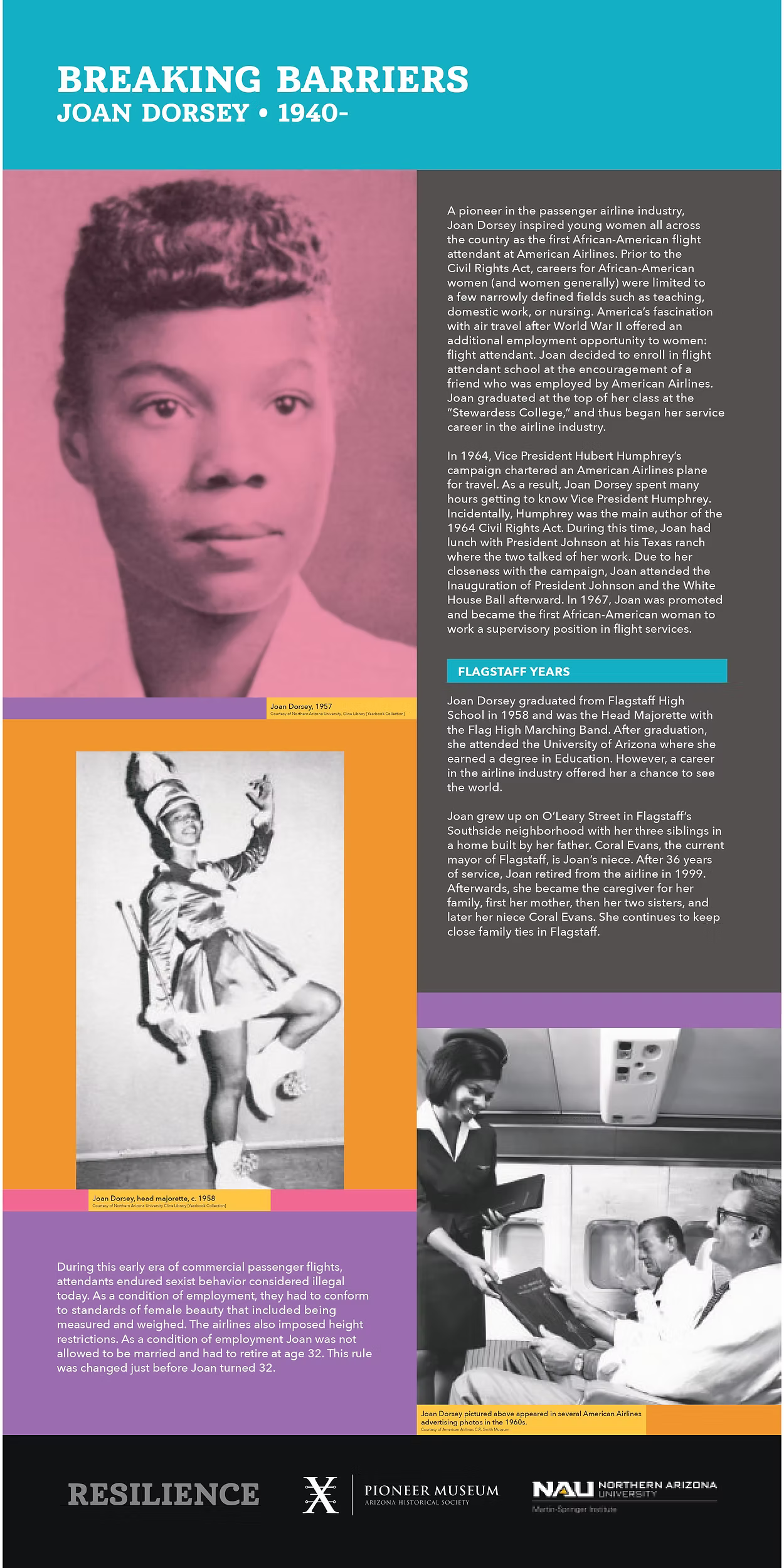 Breaking barriers: Joan Dorsey 1940. Joan pictrued in 1957, and then in 1958 as head majorette and later in a 1960's American Airlines ad. All text duplicated at right.