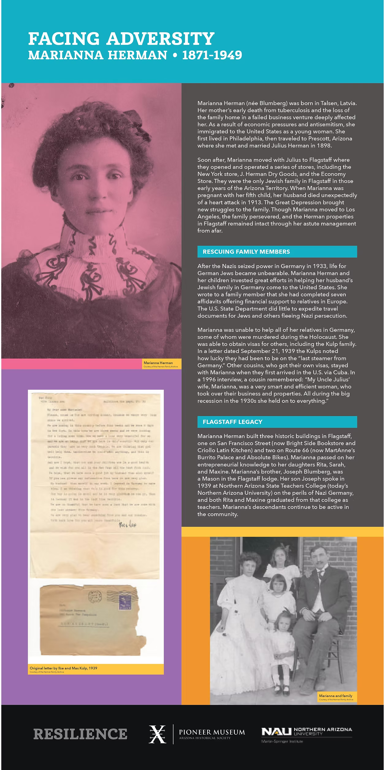 Marinana Herman Facing Adversity 1871- 1949 pictured in the late 19th century, and then with family in early 20th century, scan of a letter from the Kulp family mid 20th century. All text replicated at right.