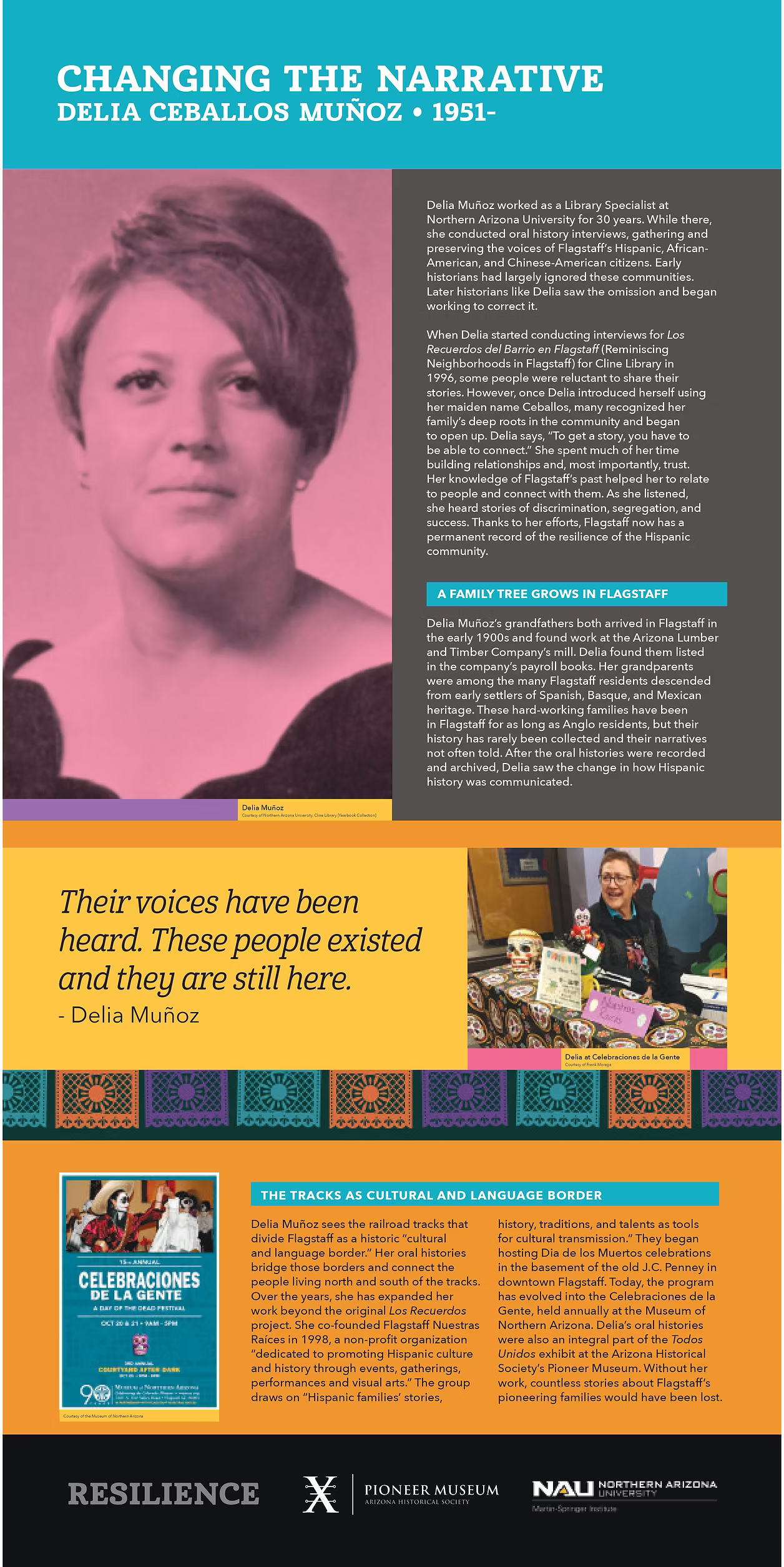 Changing theNarrative: Delia Ceballos Munoz. 1951- pictrued as a young woman in the late 60's and again in 219. Flyer for Celebraciones de Los Gente. All text duplicated at right.