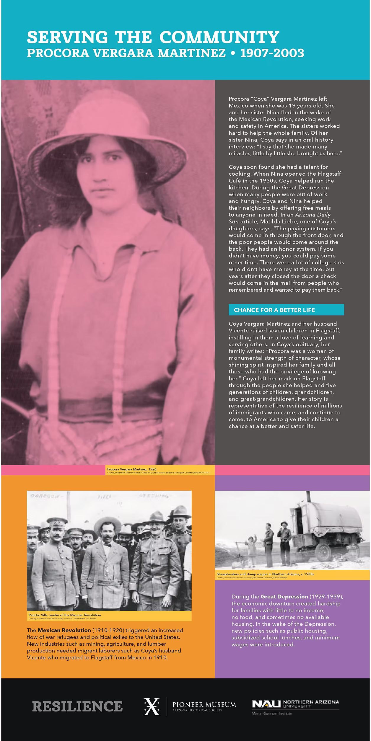 Serving the Community: Procura vergara martinez: 1907 - 2003.  Procora pictured in 1926, Spanish sheepherders and wagon pictured in the 1930's. PIcture of Poncho Villa nad