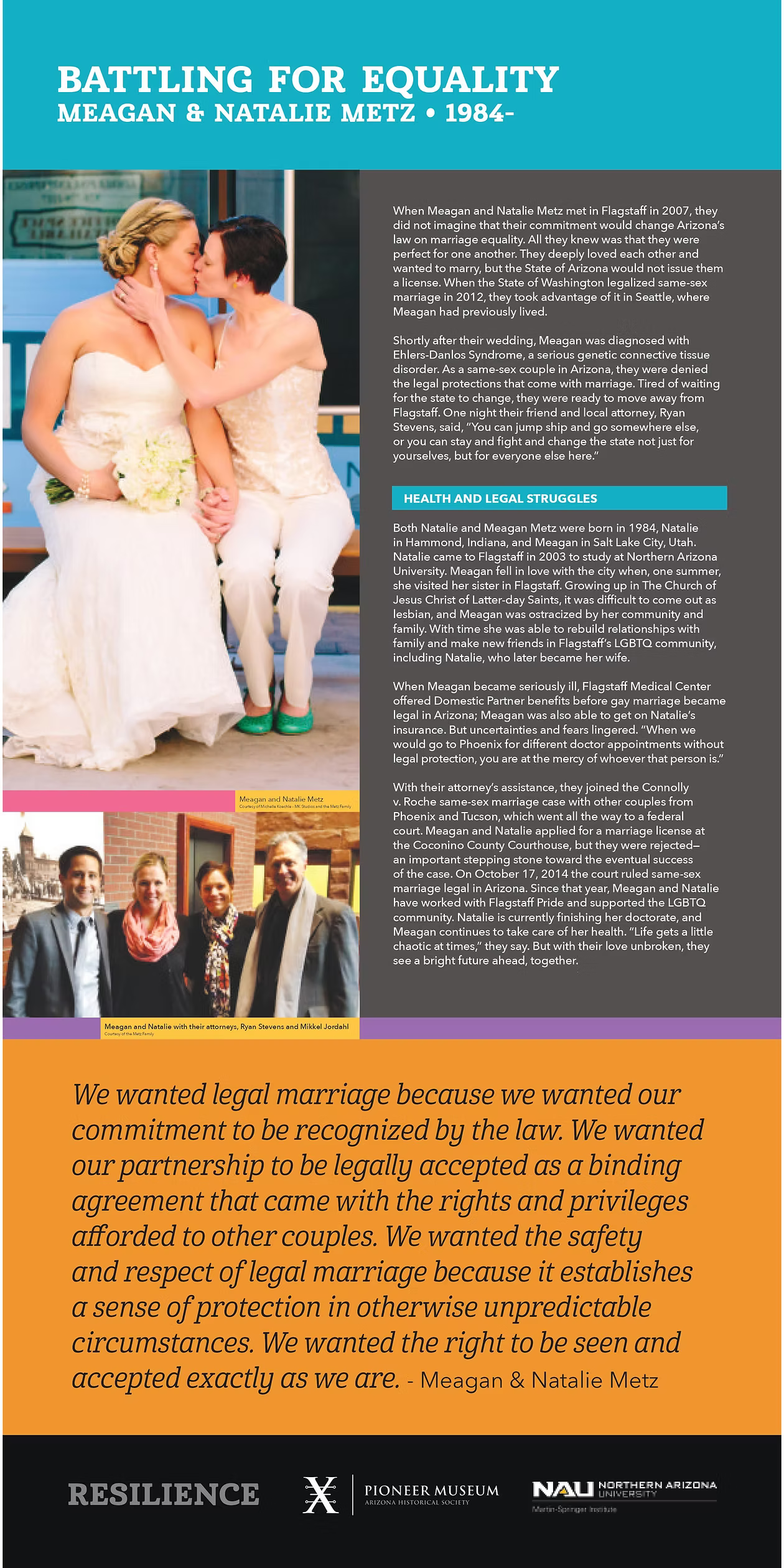 battling for equality. Megan and Natalie Metz. 1984 - pictured in wedding goawna dn wedding pantsuit kissing ona  abench with their bouquets, also pictured with their attourneys in street clothes. All text replicated at right