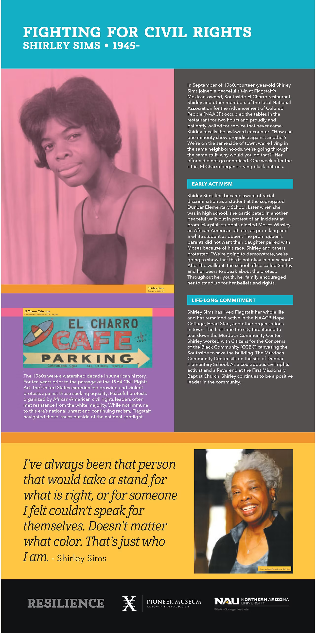 Fighting for Civil Rights: Shirley Sims, pictures of Sims in the 1960's and 2019, sign from El Charro Restaurant from the 1960's, text replicated to right.
