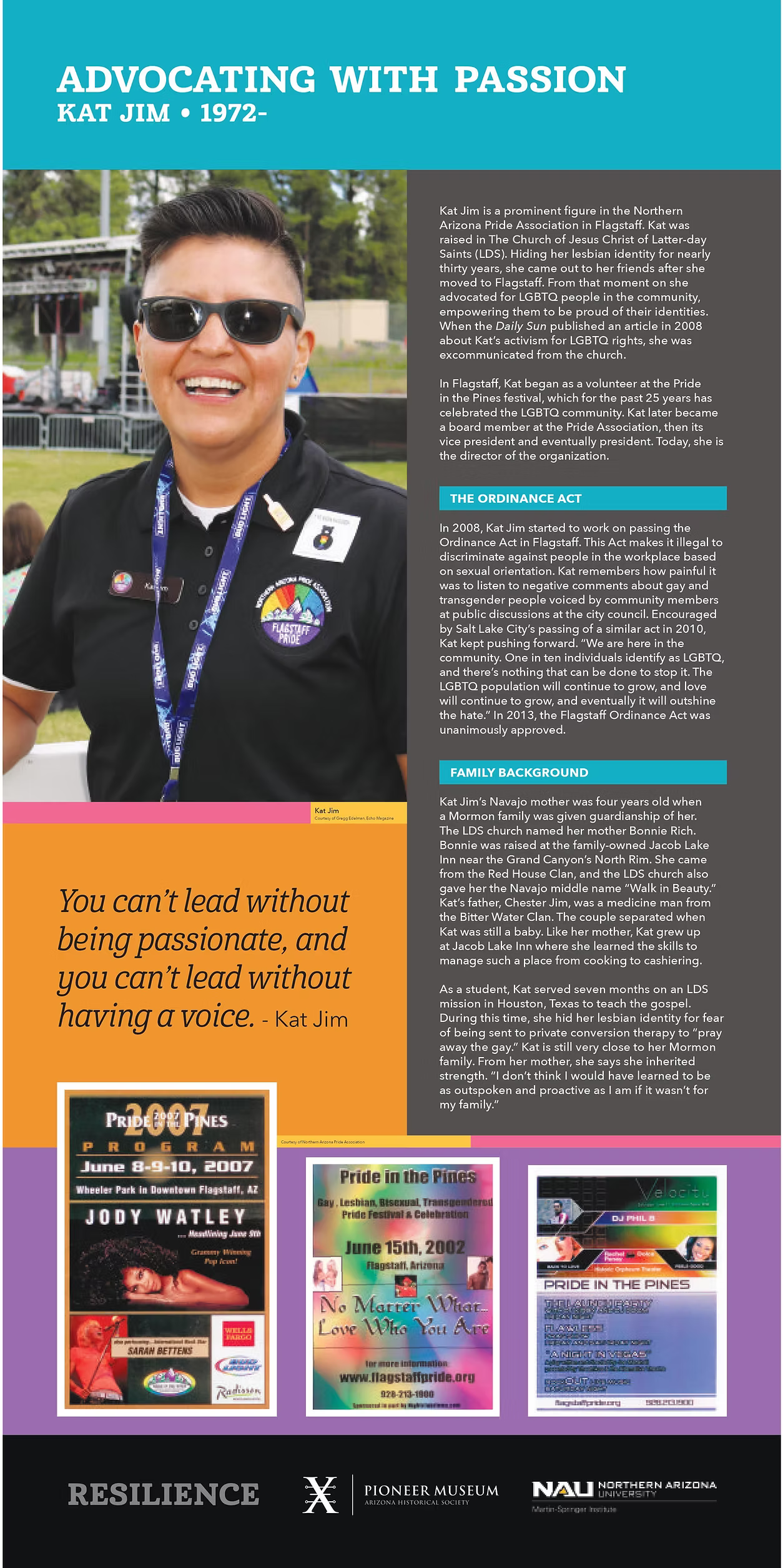 picture of katt in 2019, three fliers from Pride in the Pines Events full text replicated at right