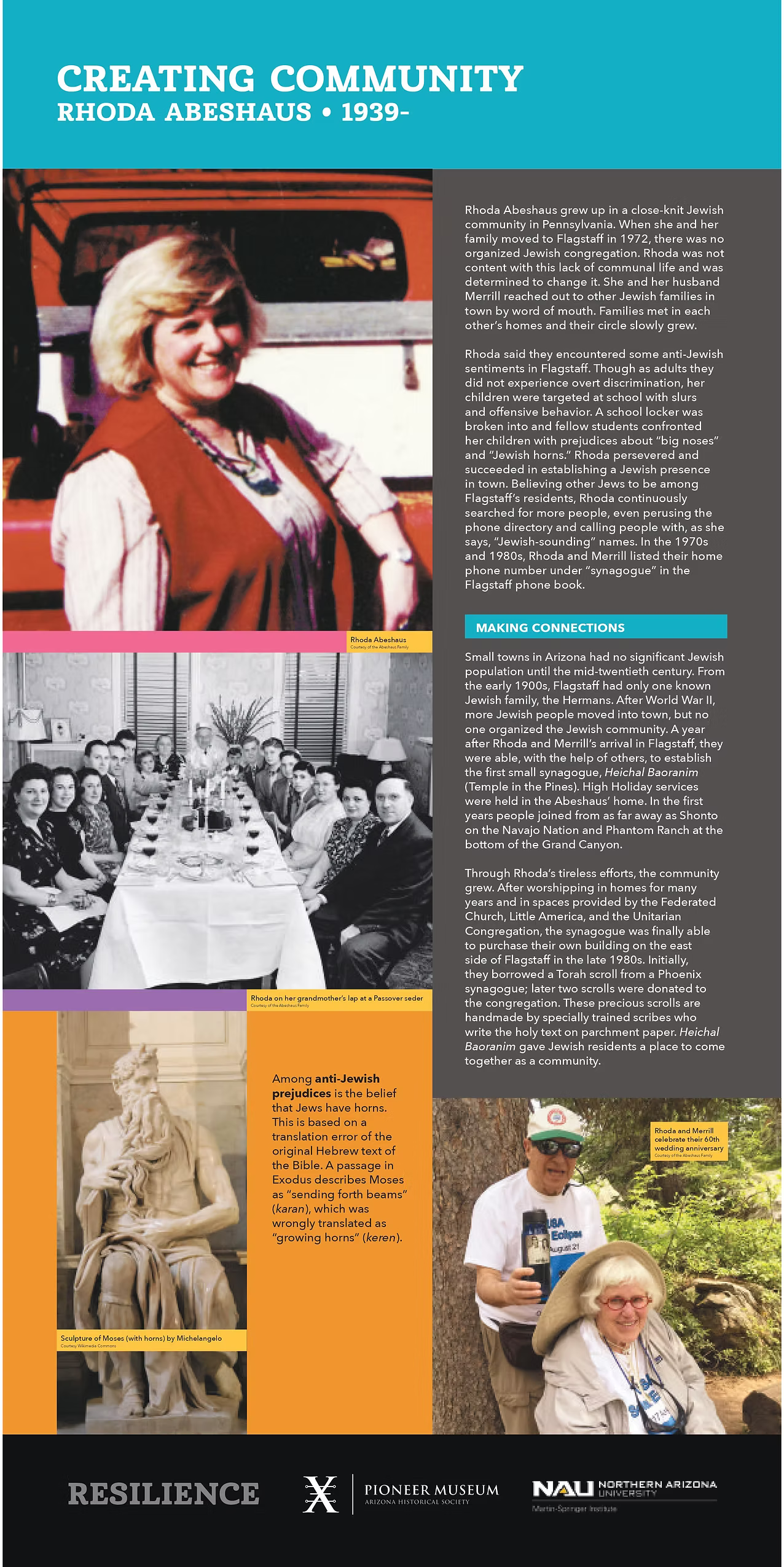 Creating Community Rhoda Abeshaus, 1839 -  full text at right, pictured in the 70's, then as a child on her grandma's lap at a seder dinner, and present day with husband, Merrill. Also pictured, Michelangelo's sulpture of Moses.