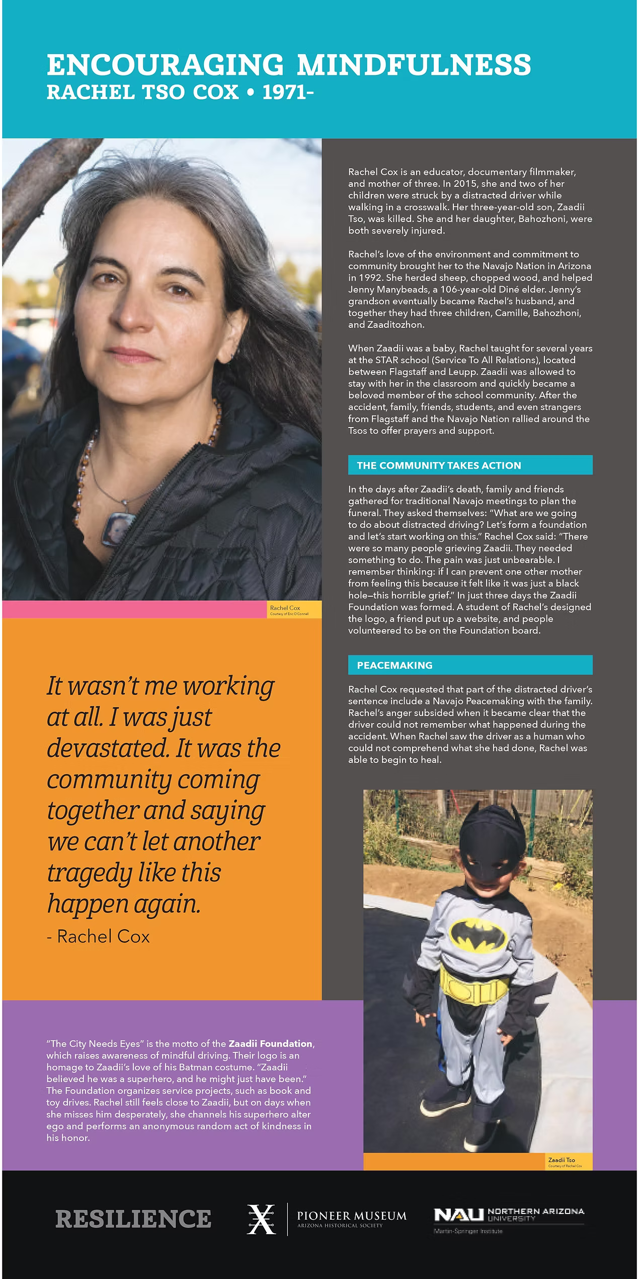 Encouraging mindfulness. Rachel Tso Cox. 1971 - pictrures of rachel present day and Zaadii at age three on his Batman costume. All text duplicated at right.