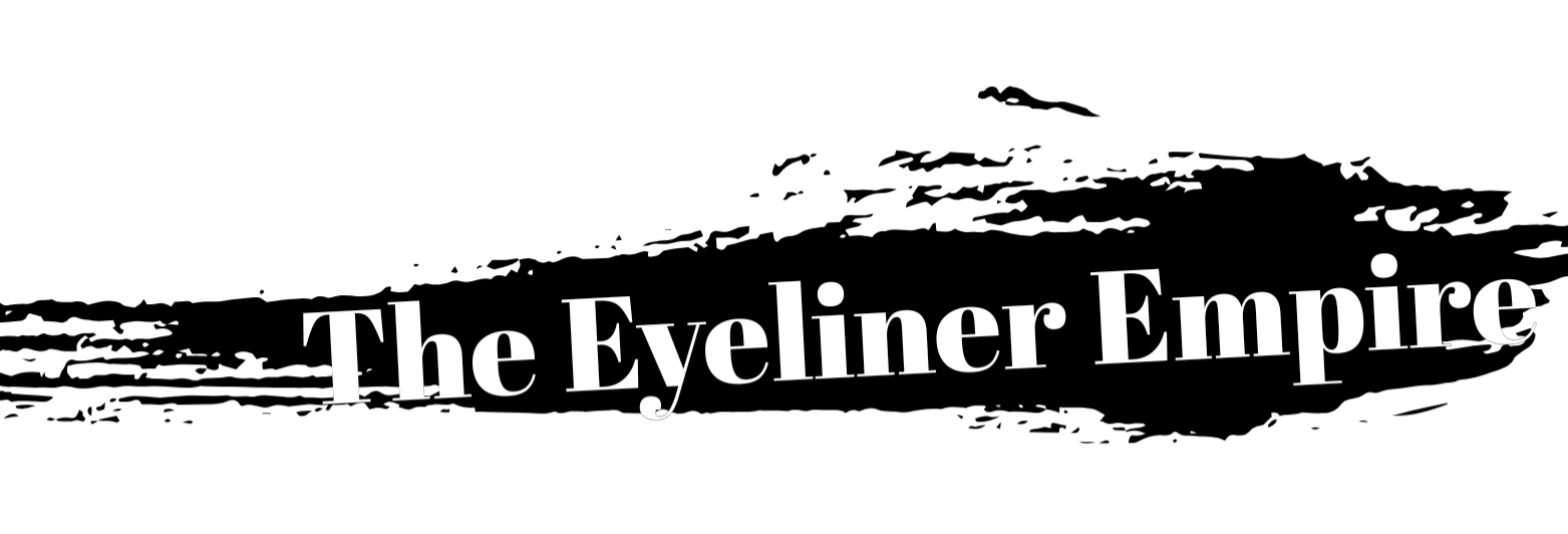Black background with white text that says 'The Eyeliner Empire' in a tilted, bold font.