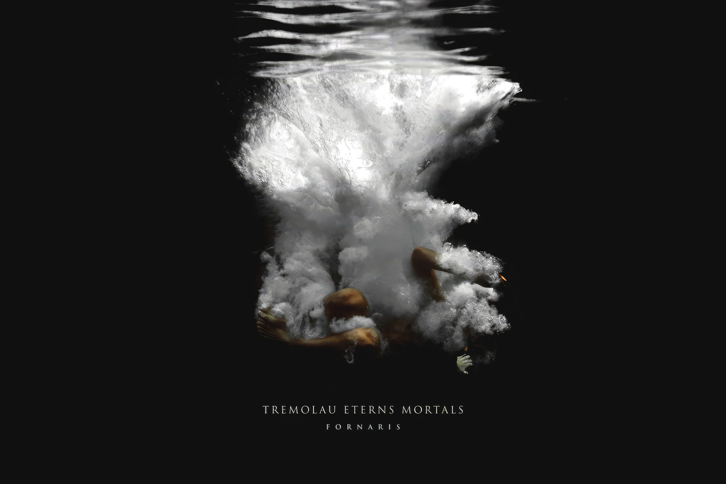An underwater scene with a person falling into water, causing a splash. The image has black background with white foam and bubbles. There is text at the bottom reading "Tremolau Eterns Mortals" and "Fornaris."