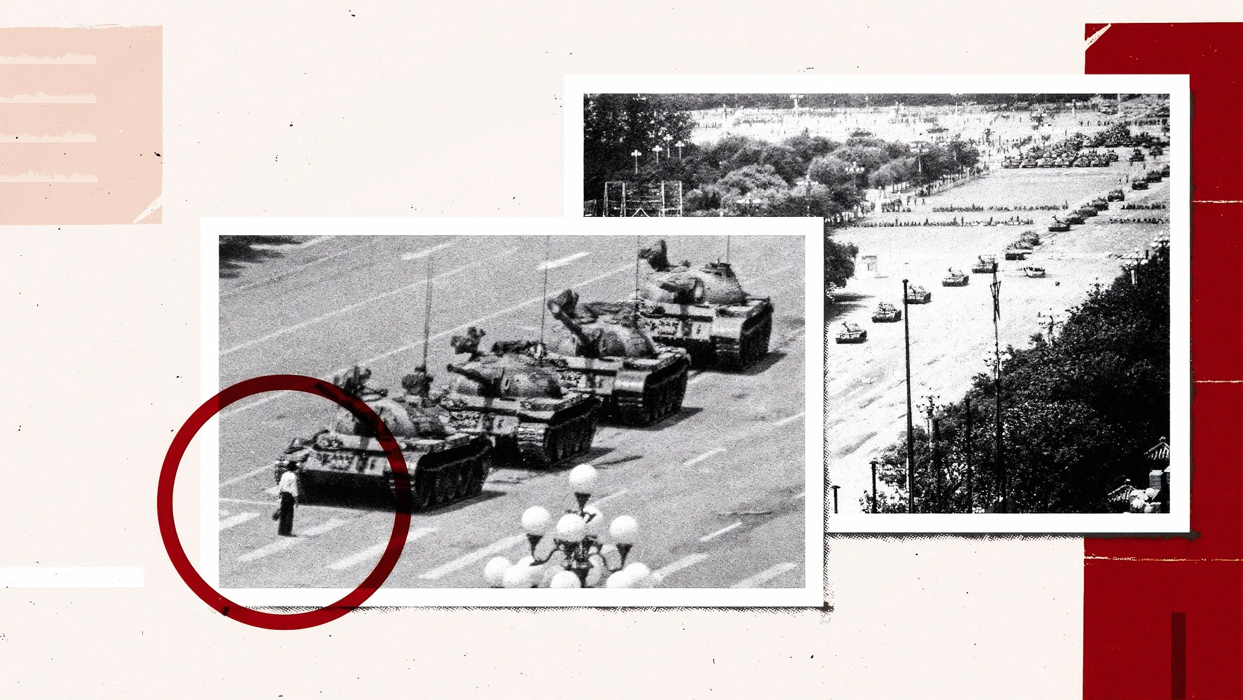 Black and white photograph of a military parade with tanks, cars, and a person walking near tanks, with trees and street lamps in the background.