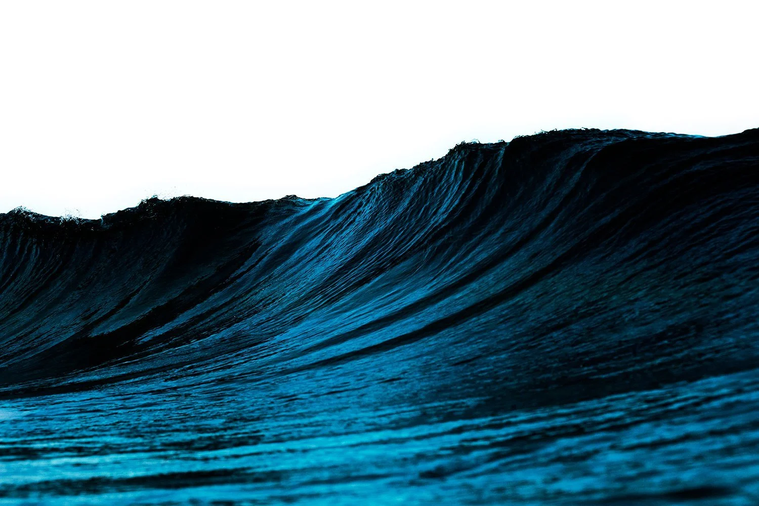 A large ocean wave with dark blue water and white foam at the crest against a white sky.