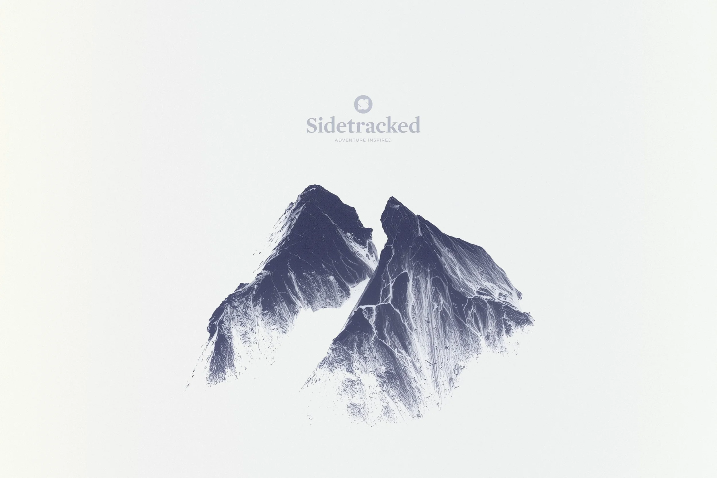 Illustration of two mountain peaks, with the logo and text 'Sidetracked' and the slogan 'Adventure Inspired' above them.