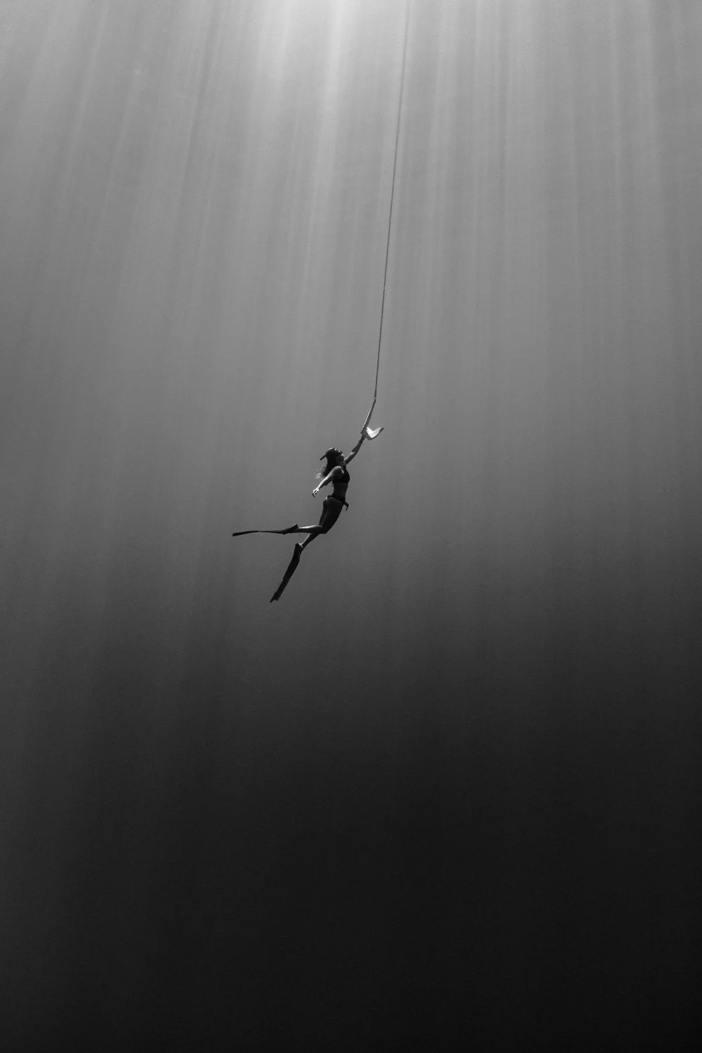 A person is performing a leap in mid-air against a dark background, holding onto a wire or rope above.