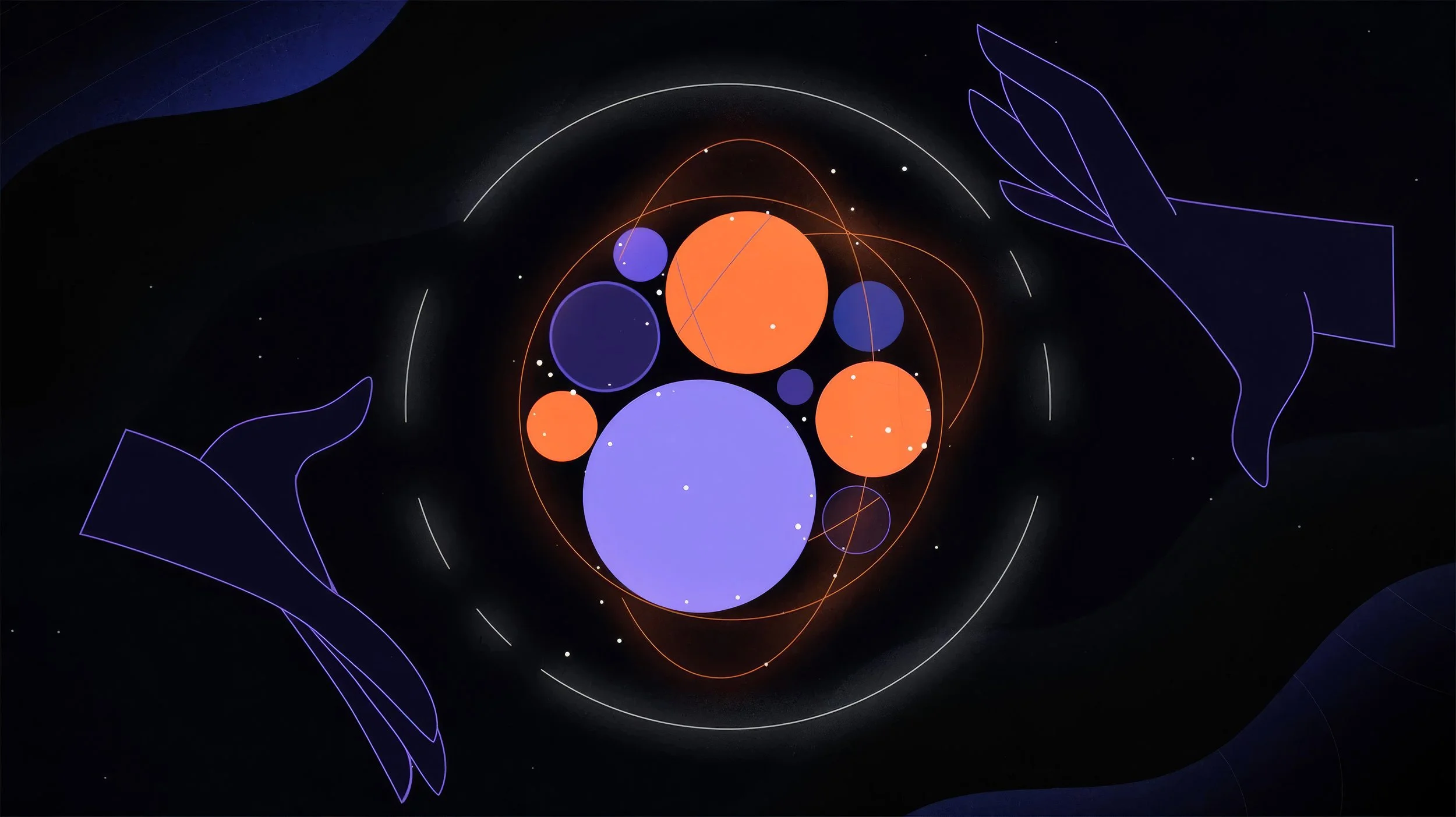 Abstract digital artwork featuring numerous orange and purple circles of varying sizes interconnected with thin lines, set against a dark background with subtle galaxy and star patterns. Two purple-outlined hand outlines are visible on each side of t