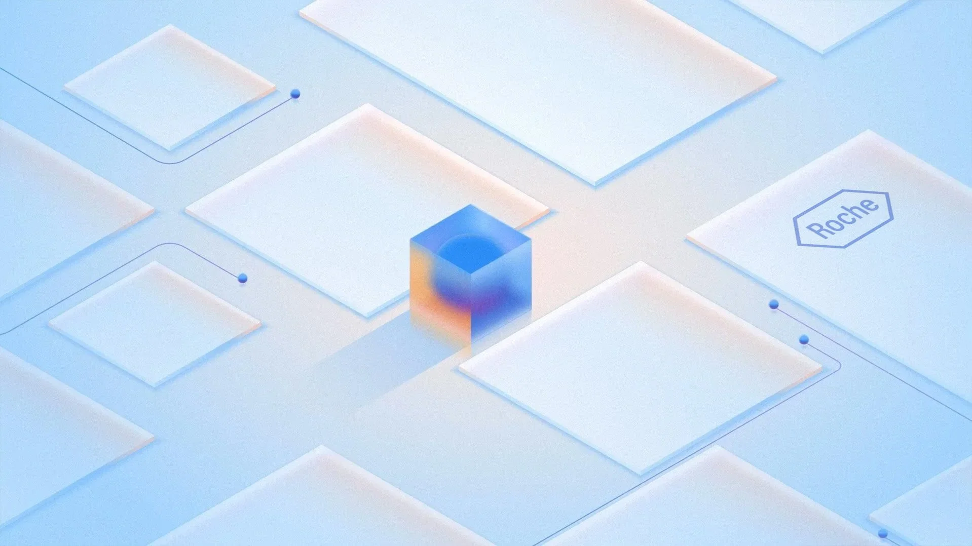 Abstract digital illustration featuring a central 3D cube with a hollow center, surrounded by flat geometric shapes and a Roche logo on one of the shapes, all in soft pastel colors.