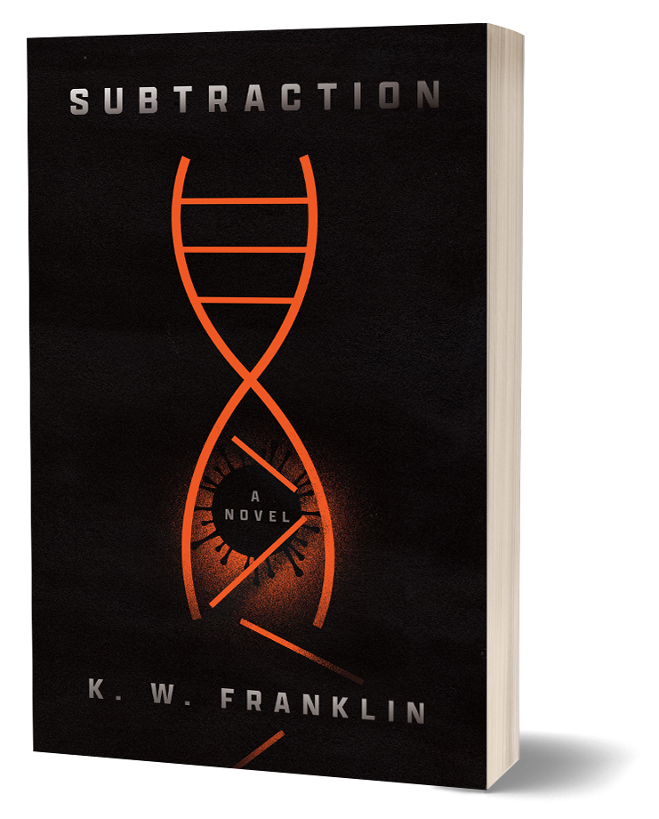 Book cover of the novel Subtraction by K.W. Franklin. Black design with a graphic broken orange double helix illustration.