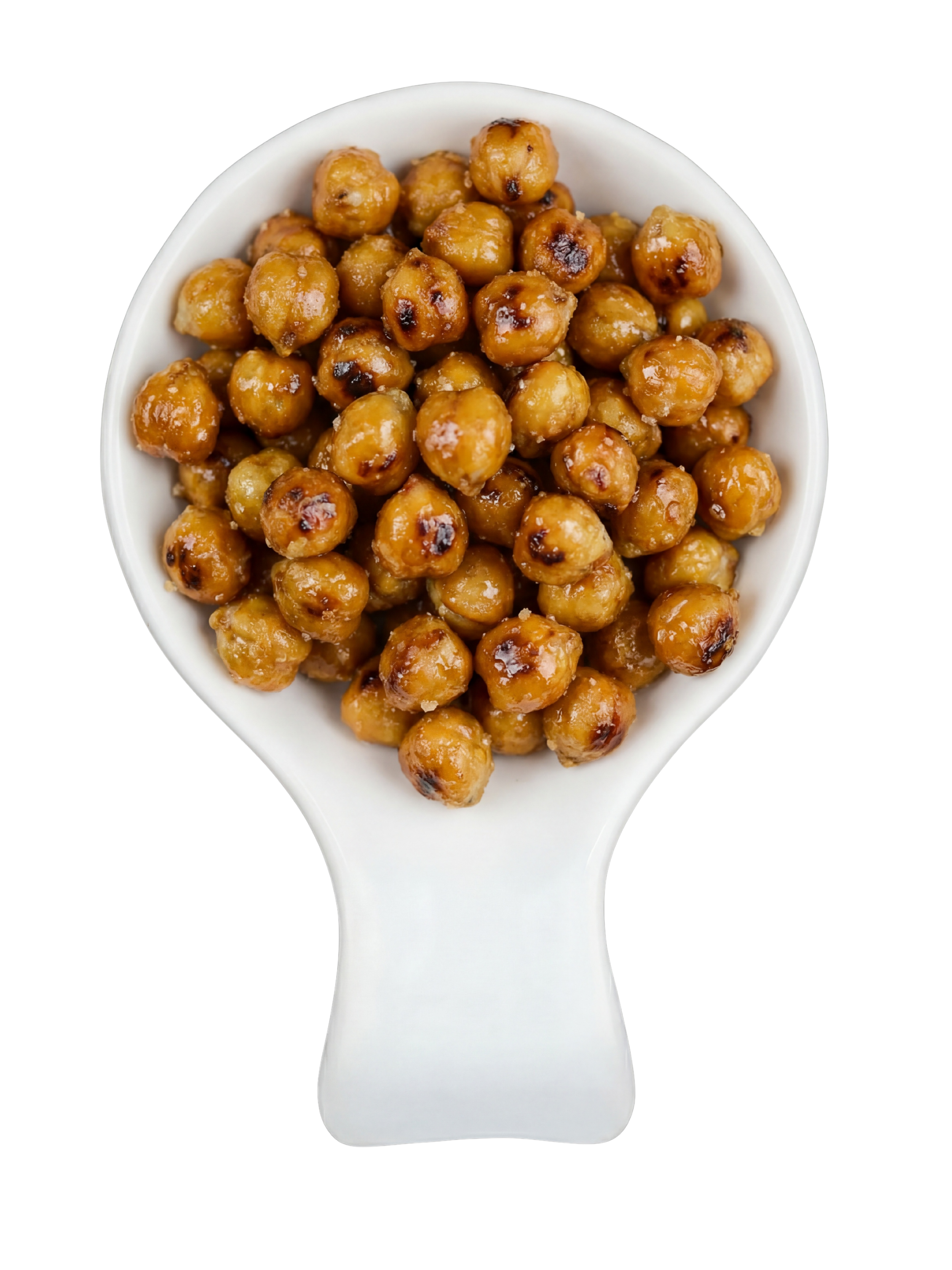Close-up of roasted chickpeas coated in a shiny glaze, served in a white ceramic spoon against a black background.