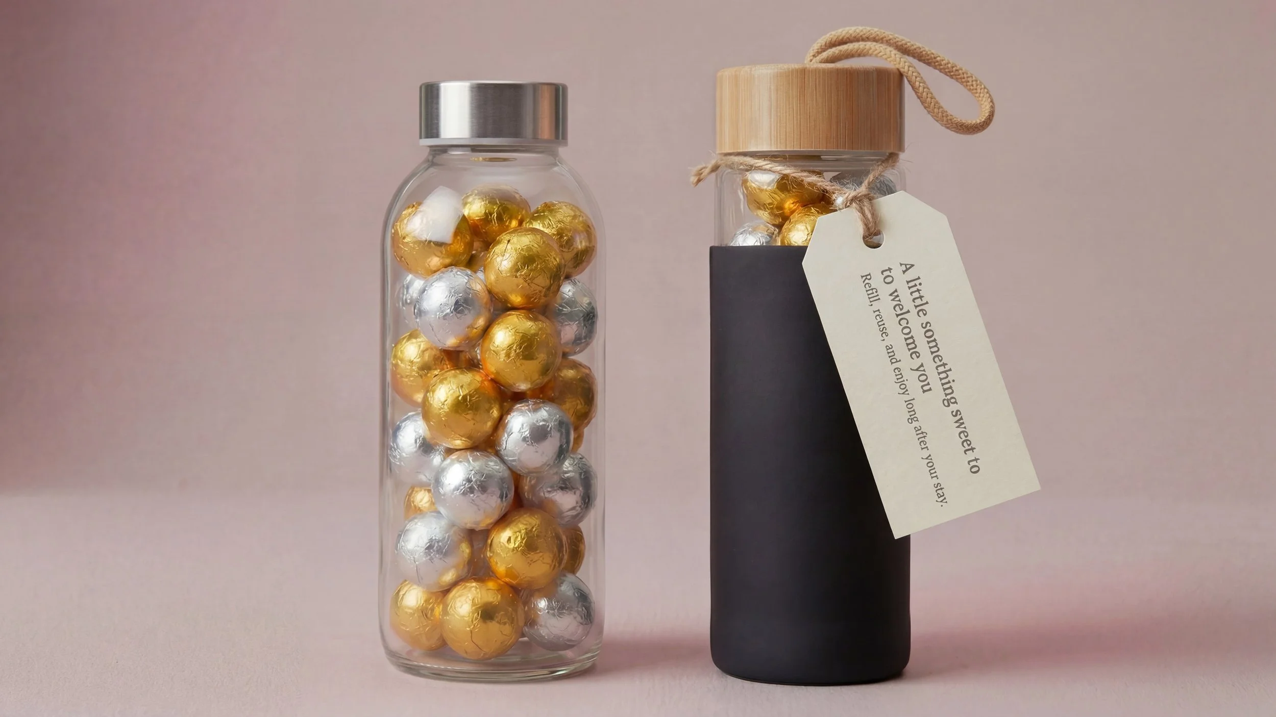 A glass jar filled with gold and silver foil-wrapped chocolates and a black container with a wooden lid, accompanied by a white tag with a message for a loved one.