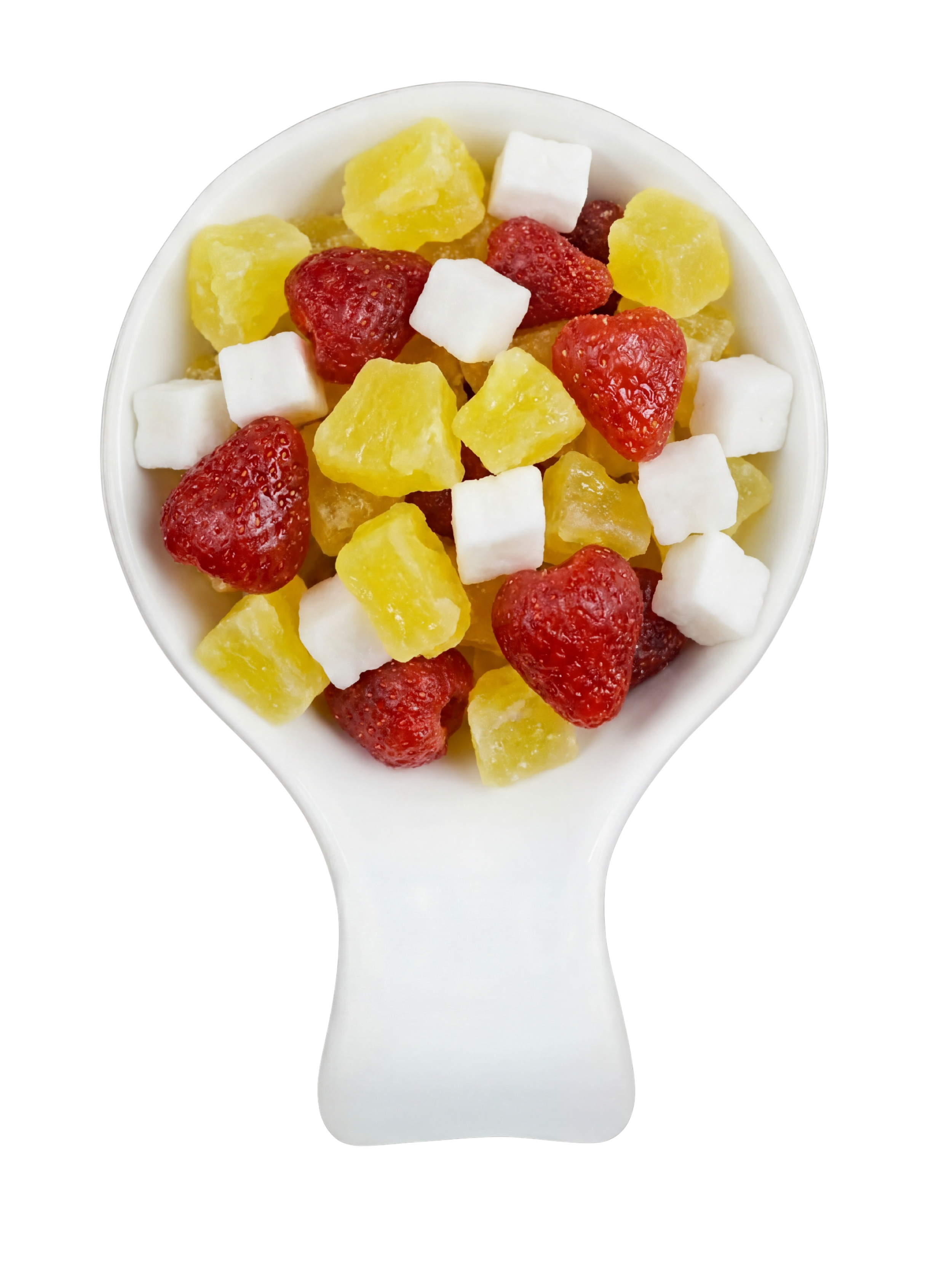 Close-up of a white spoon filled with mixed fruit including strawberries, pineapple, and small white marshmallows against a black background.