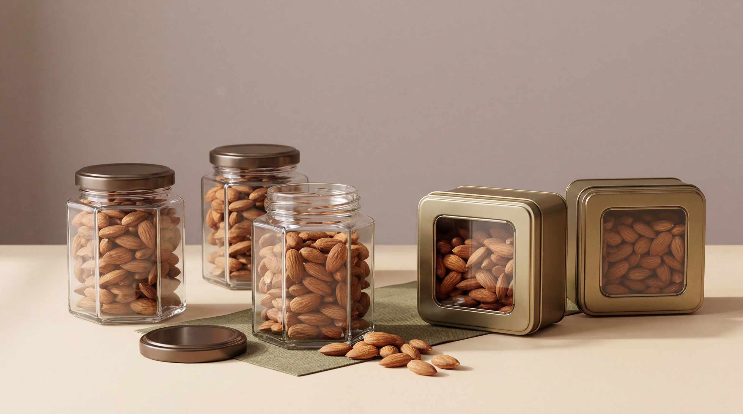 Glass jars and gold tins filled with almonds on a white surface with a gray background.