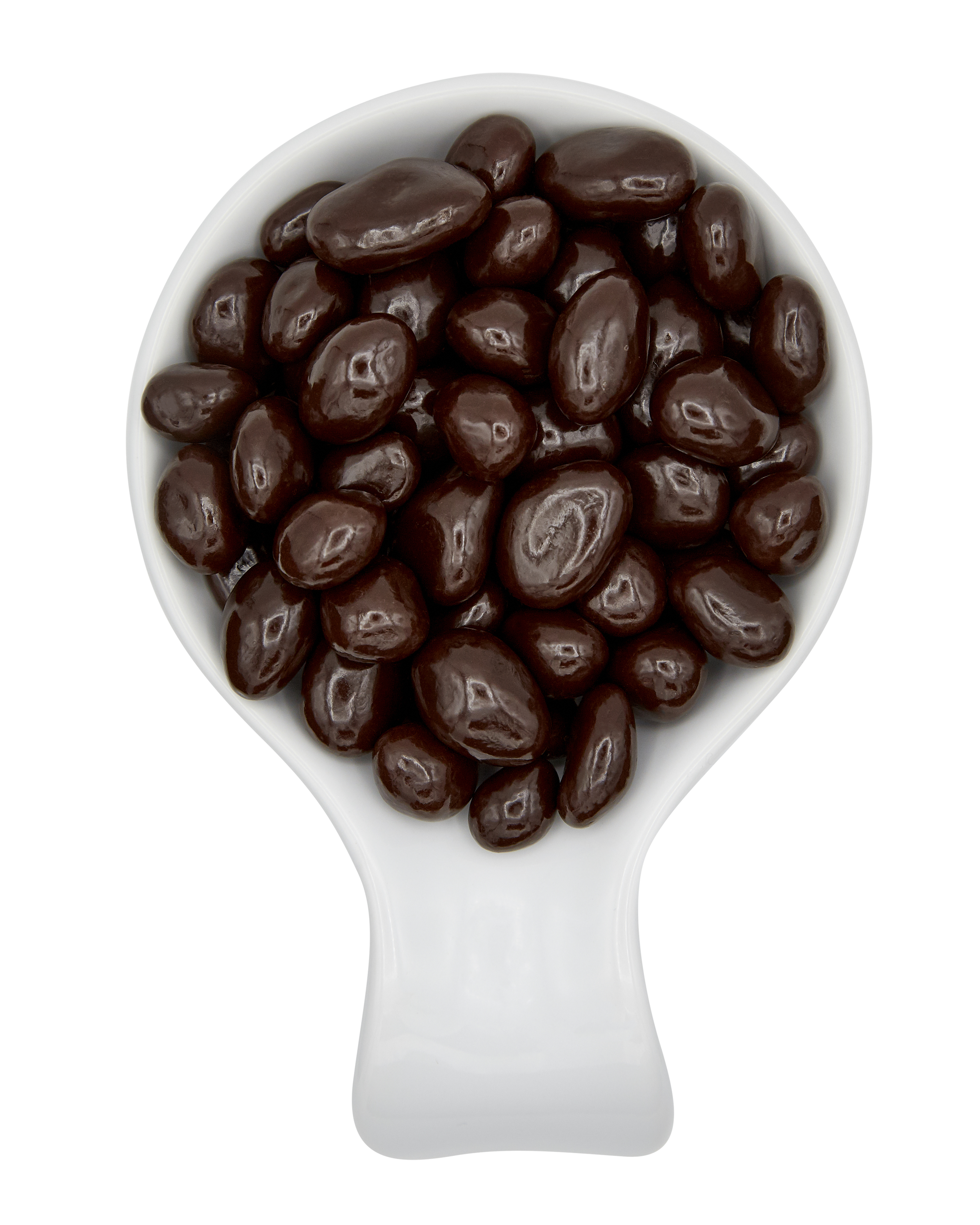 A white measuring scoop filled with chocolate-covered almonds.