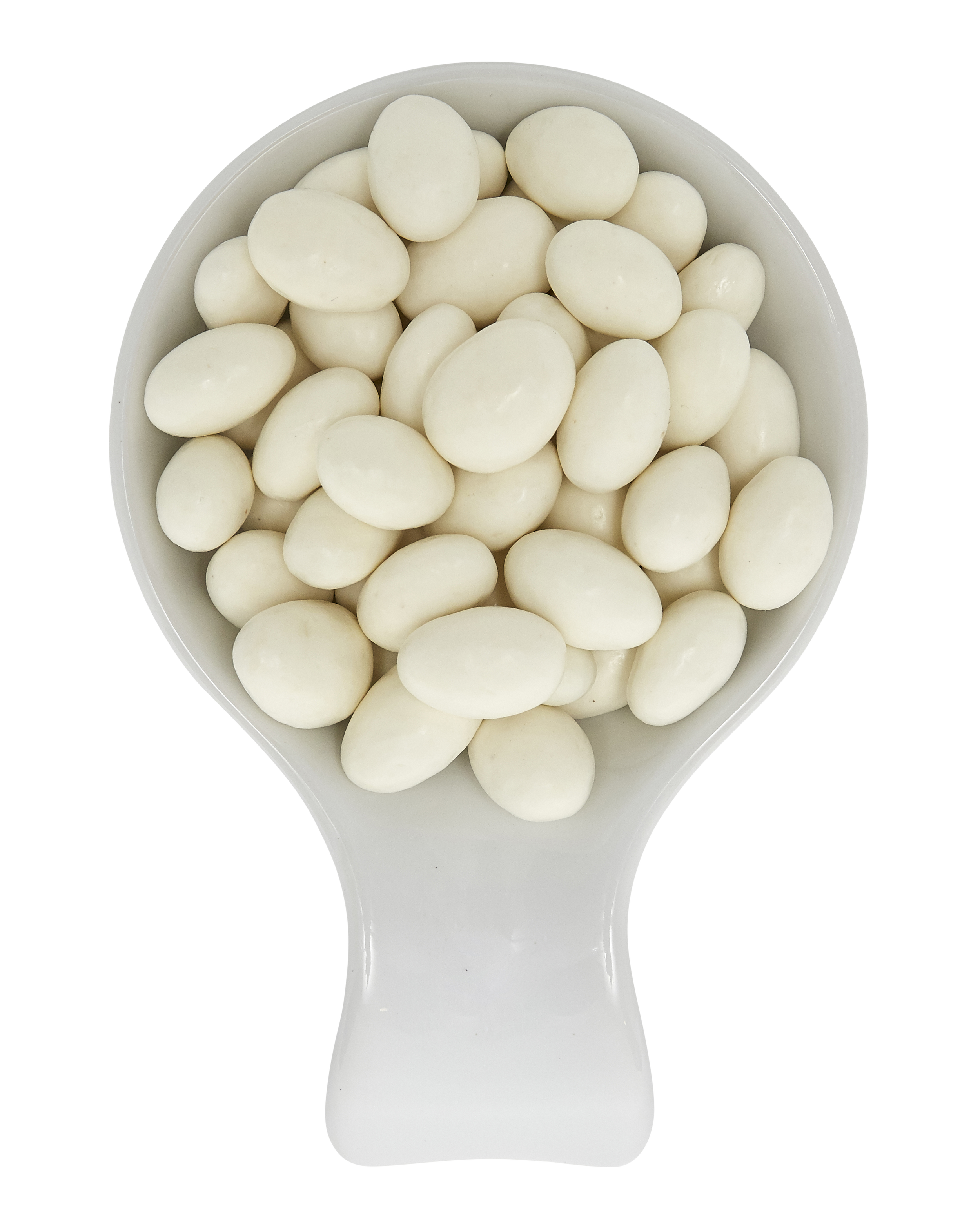 A white scoop filled with white chocolate-covered almonds.
