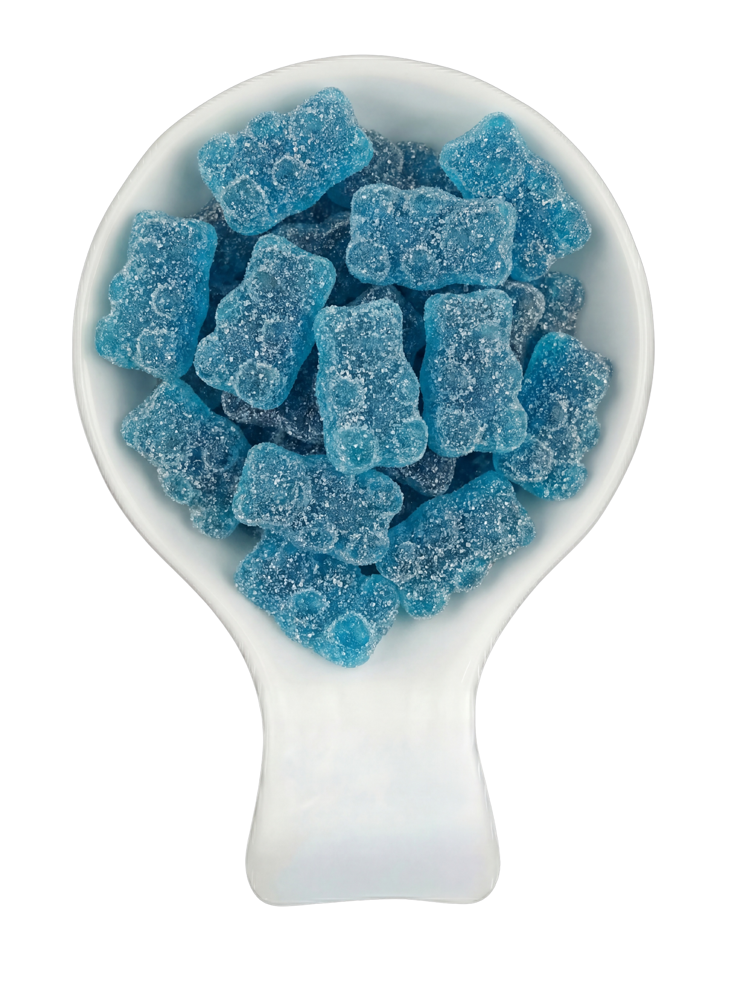 Blue gummy bears in a white bowl with a spoon against a black background.