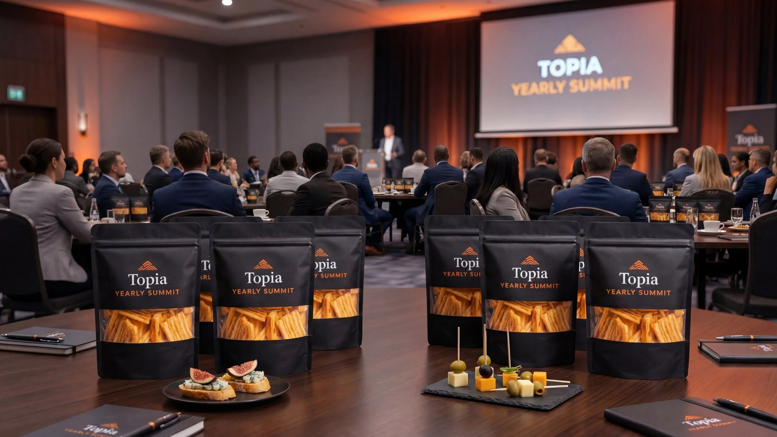 A conference room filled with attendees sitting in rows facing a large screen displaying the event name "Topia Yearly Summit." The room has dark wood paneling and a triangular logo on the screen. In the foreground, a table displays snacks like skewers, cheese, and crackers, with branded conference materials and pens.