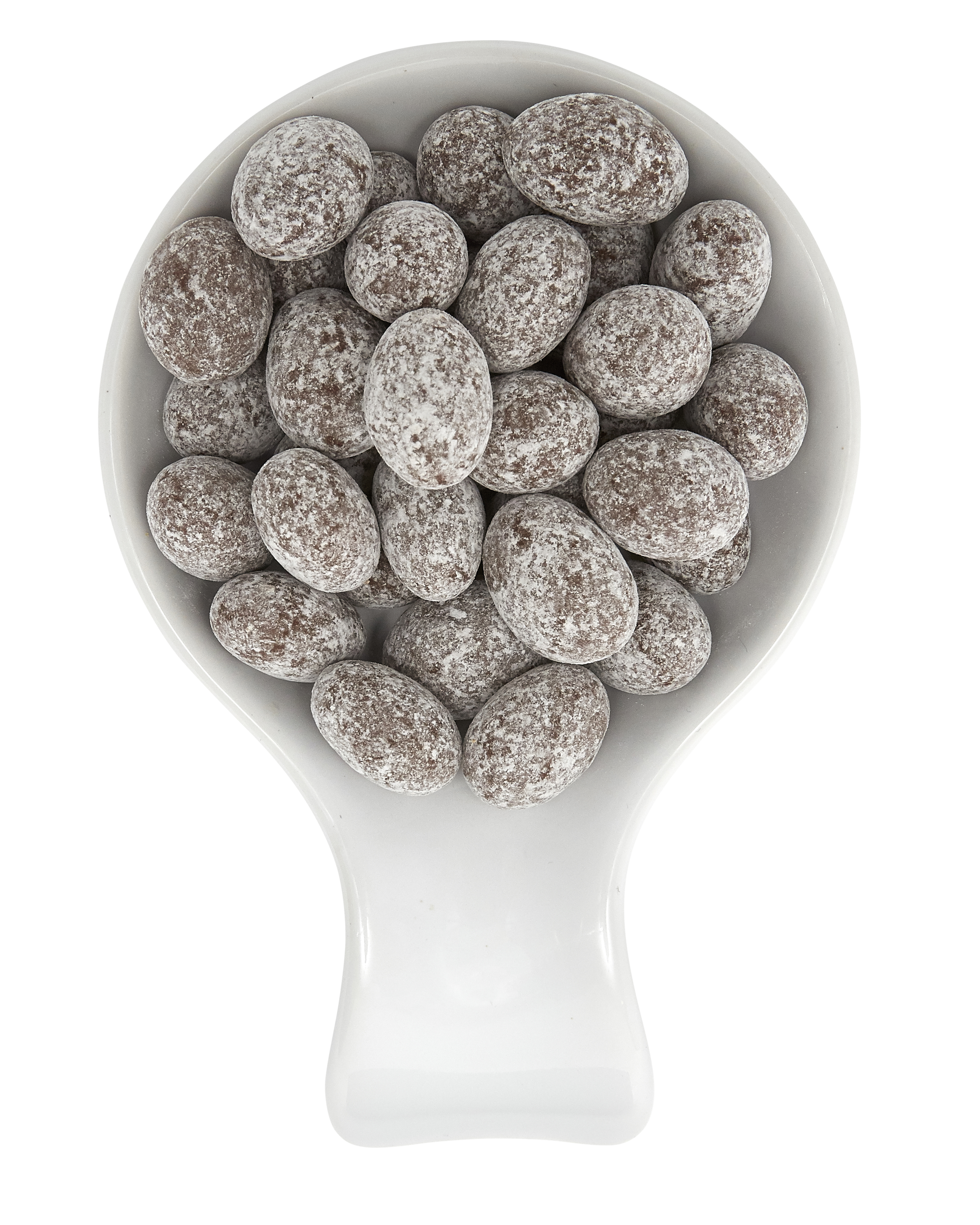 A white scoop filled with powdered sugar-coated chocolate-covered almonds.