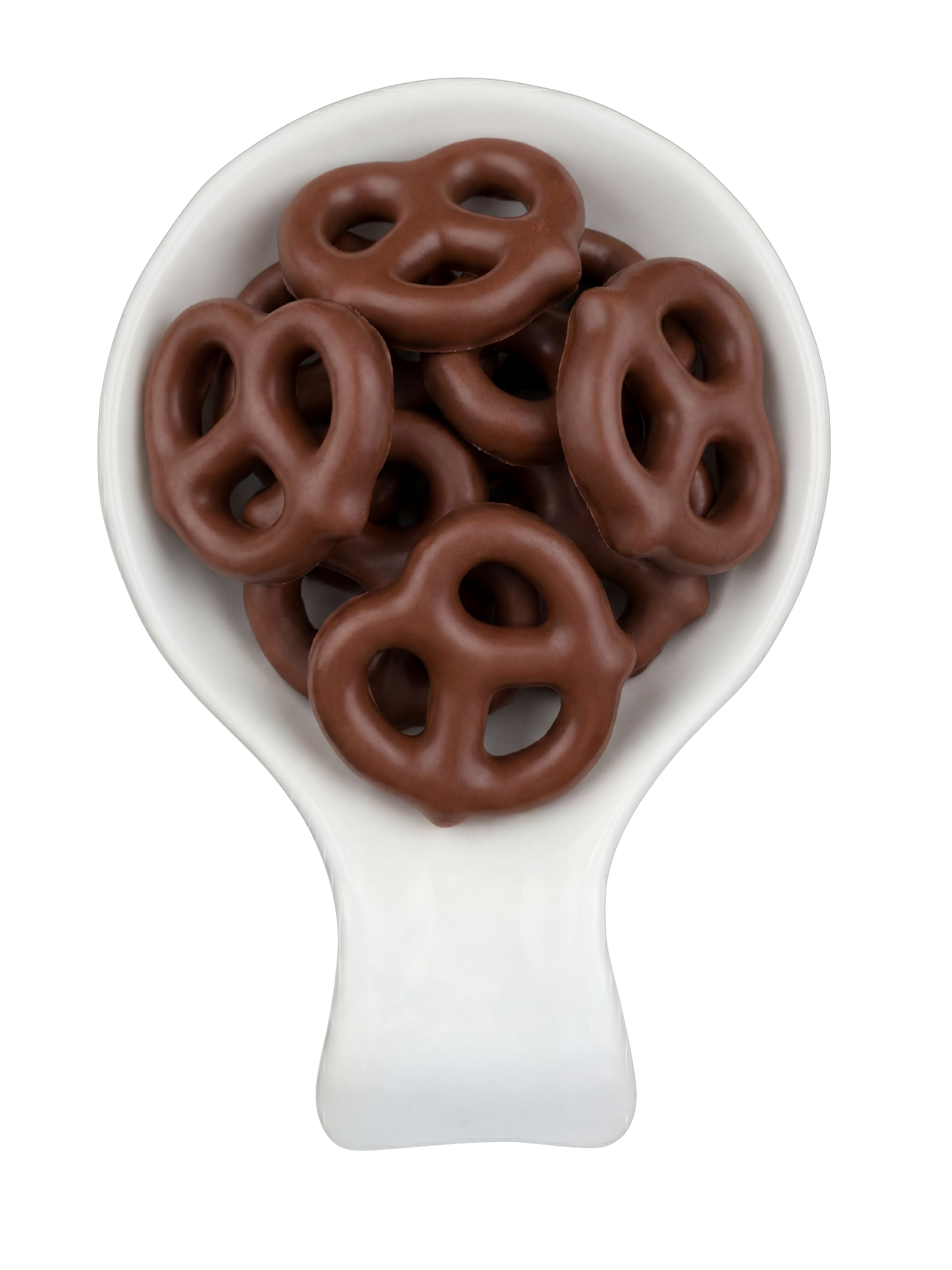 Close-up of a white spoon holding several chocolate-covered pretzels against a black background.